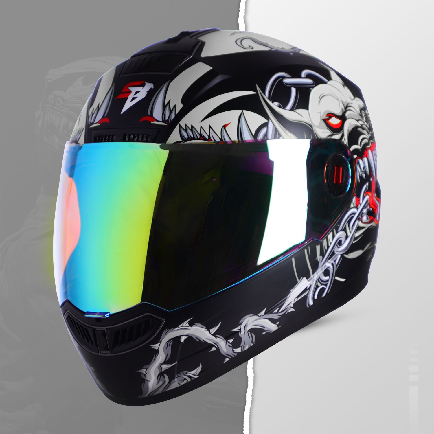 Steelbird SBA-1 Angry Dog ISI Certified Full Face Graphic Helmet For Men And Women (Glossy Black Grey With Night Vision Rainbow Visor)