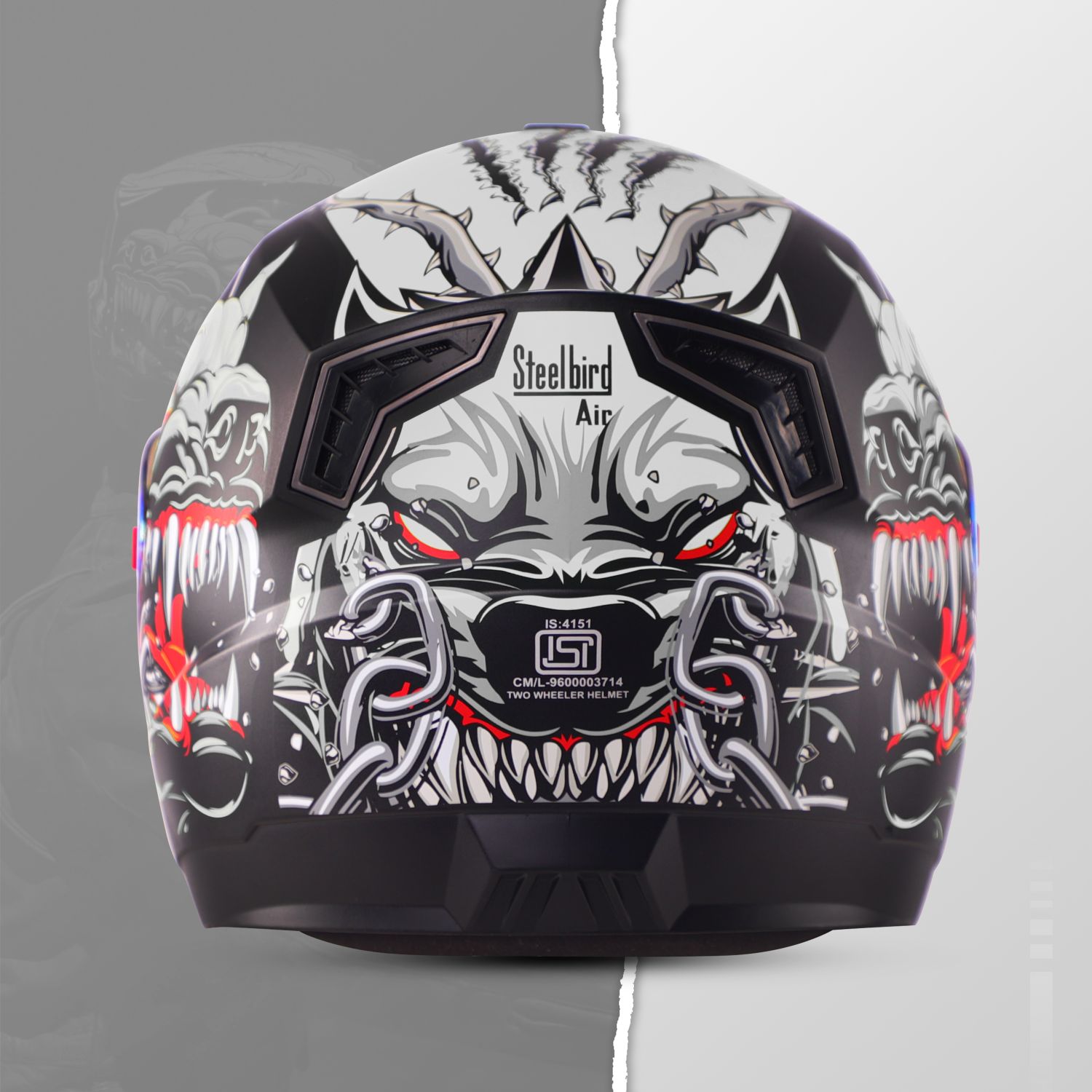 Steelbird SBA-1 Angry Dog ISI Certified Full Face Graphic Helmet For Men And Women (Glossy Black Grey With Night Vision Rainbow Visor)