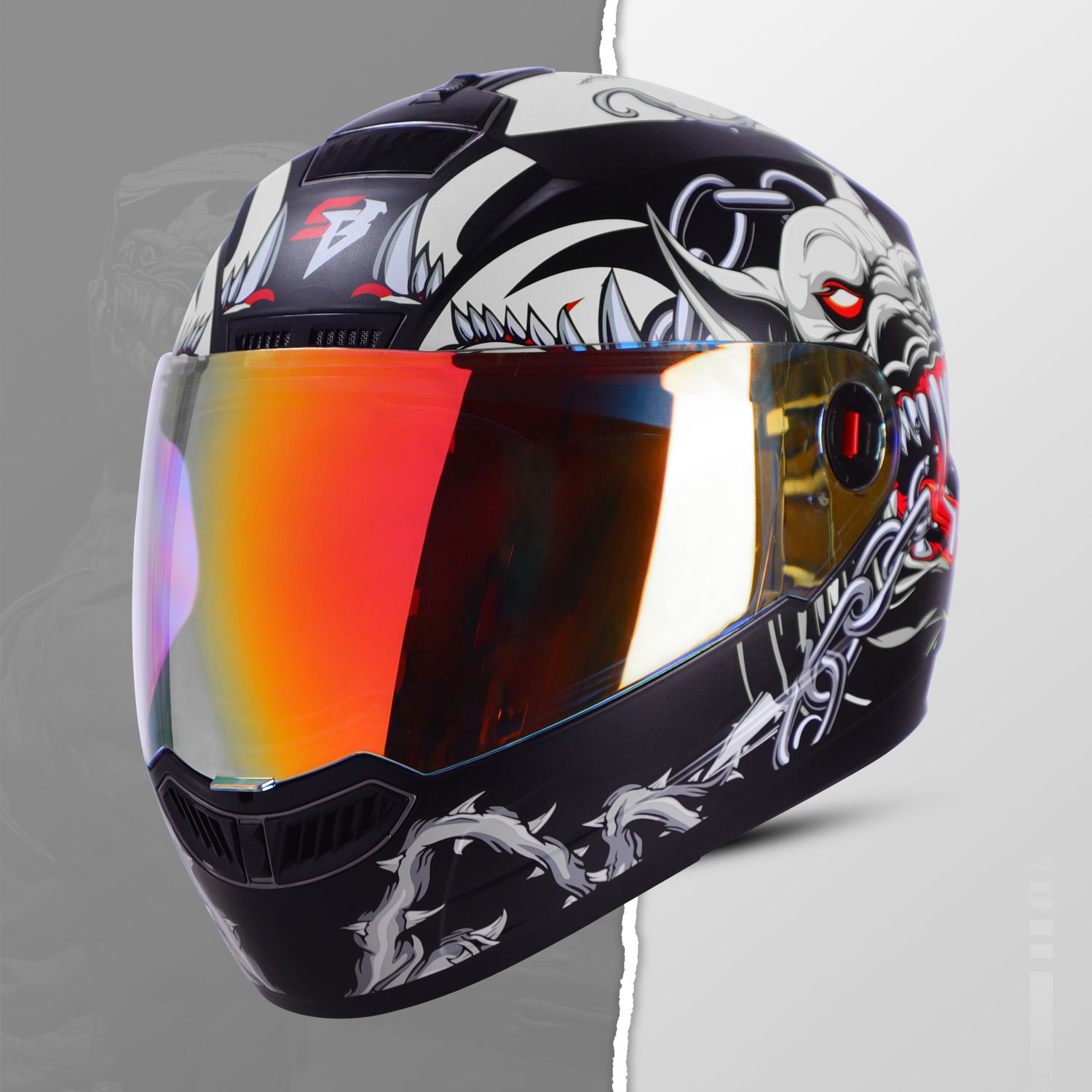 Steelbird SBA-1 Angry Dog ISI Certified Full Face Graphic Helmet For Men And Women (Glossy Black Grey With Night Vision Gold Visor)