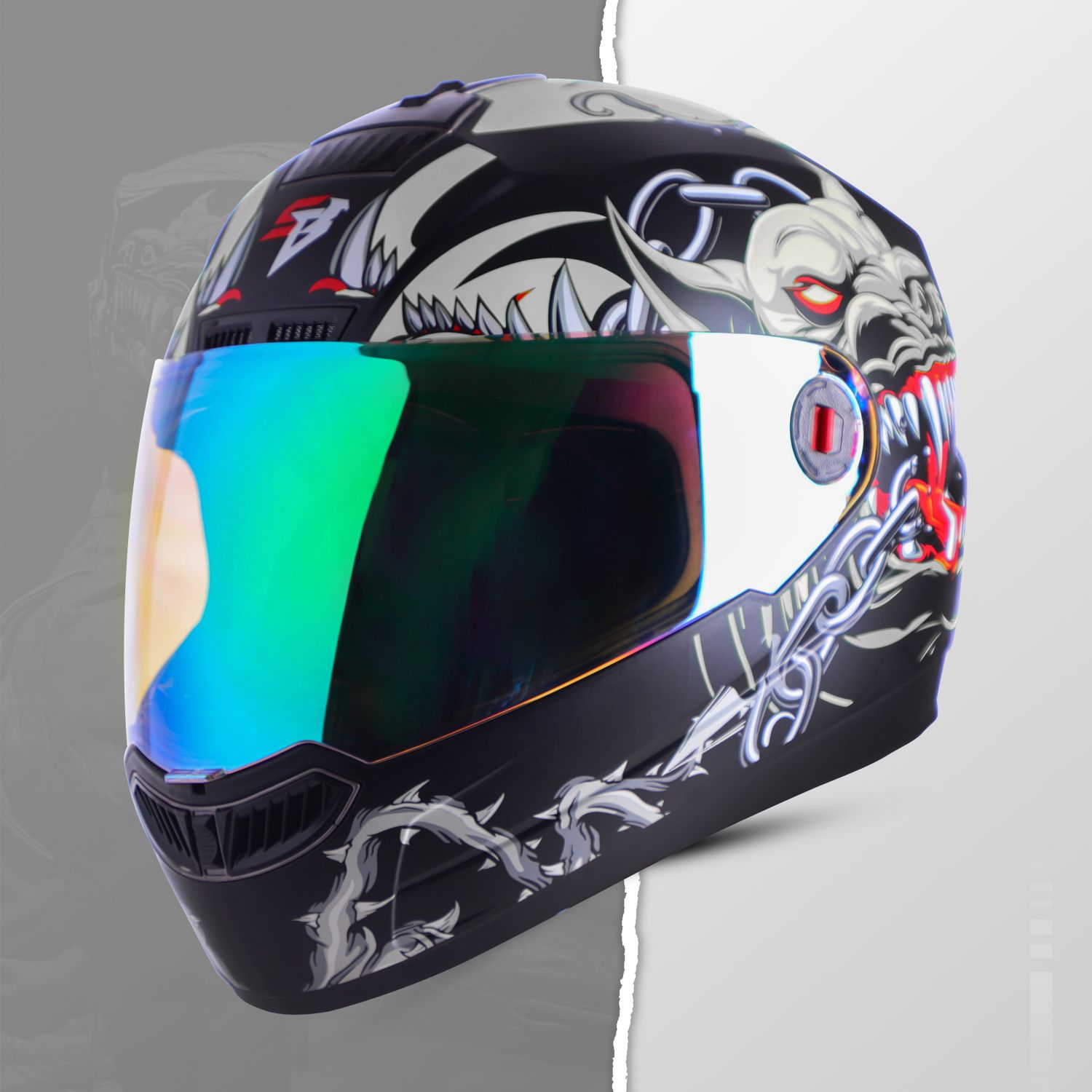 Steelbird SBA-1 Angry Dog ISI Certified Full Face Graphic Helmet For Men And Women (Glossy Black Grey With Night Vision Green Visor)