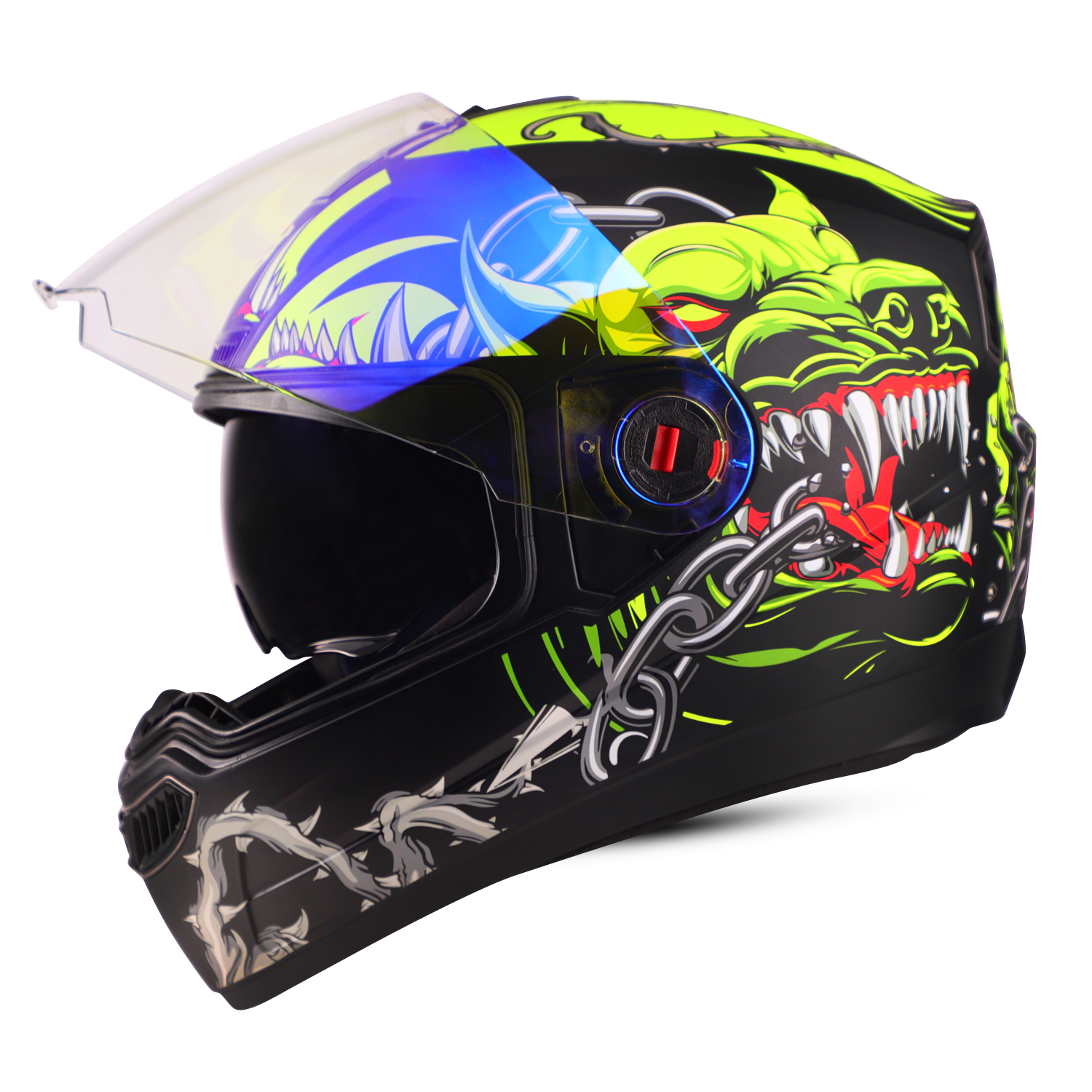 Steelbird SBA-1 Angry Dog ISI Certified Full Face Graphic Helmet for Men and Women with Inner Smoke Sun Shield (Glossy Black Neon with Night Vision Blue Visor)