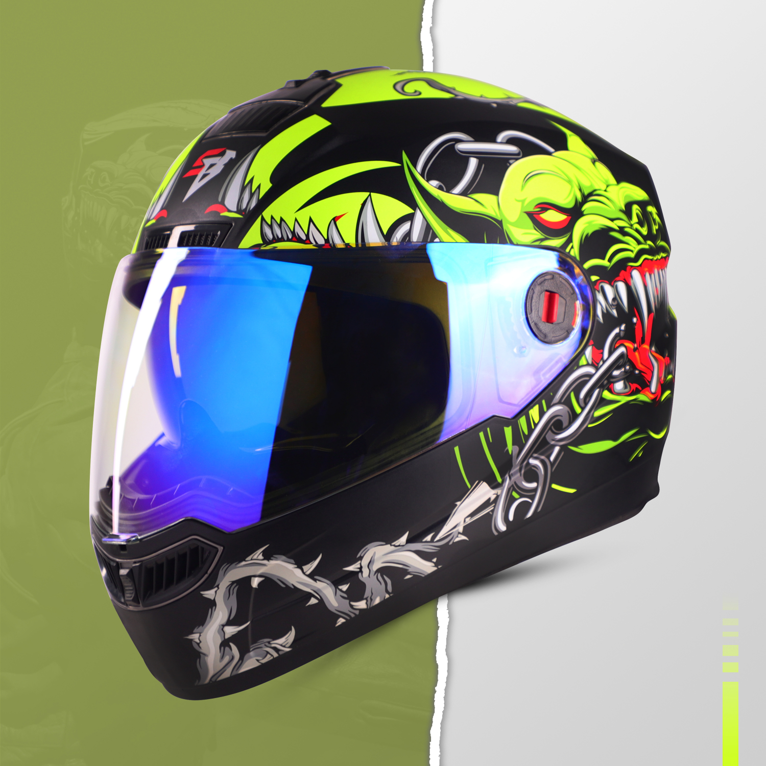 Steelbird SBA-1 Angry Dog ISI Certified Full Face Graphic Helmet For Men And Women With Inner Smoke Sun Shield (Glossy Black Neon With Night Vision Blue Visor)