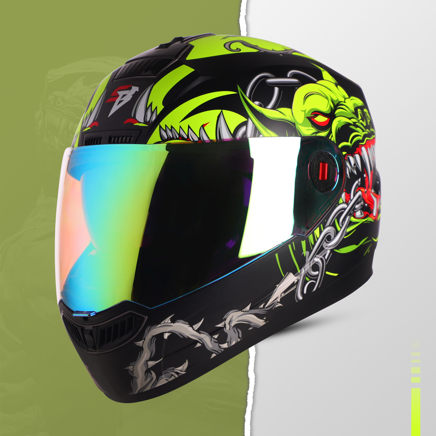Steelbird SBA-1 Angry Dog ISI Certified Full Face Graphic Helmet For Men And Women With Inner Smoke Sun Shield (Glossy Black Neon With Night Vision Rainbow Visor)