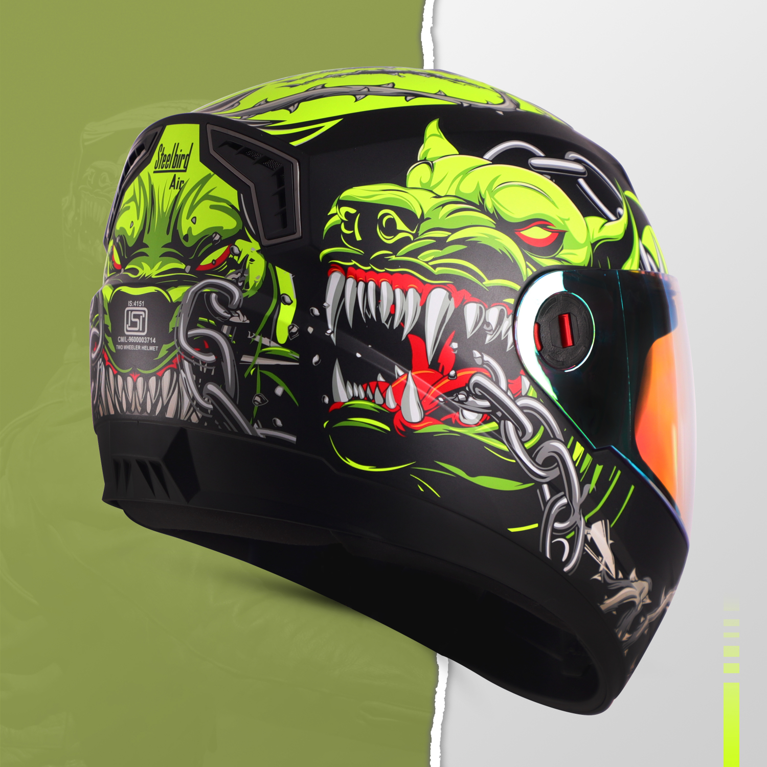 Steelbird SBA-1 Angry Dog ISI Certified Full Face Graphic Helmet For Men And Women With Inner Smoke Sun Shield (Glossy Black Neon With Night Vision Gold Visor)