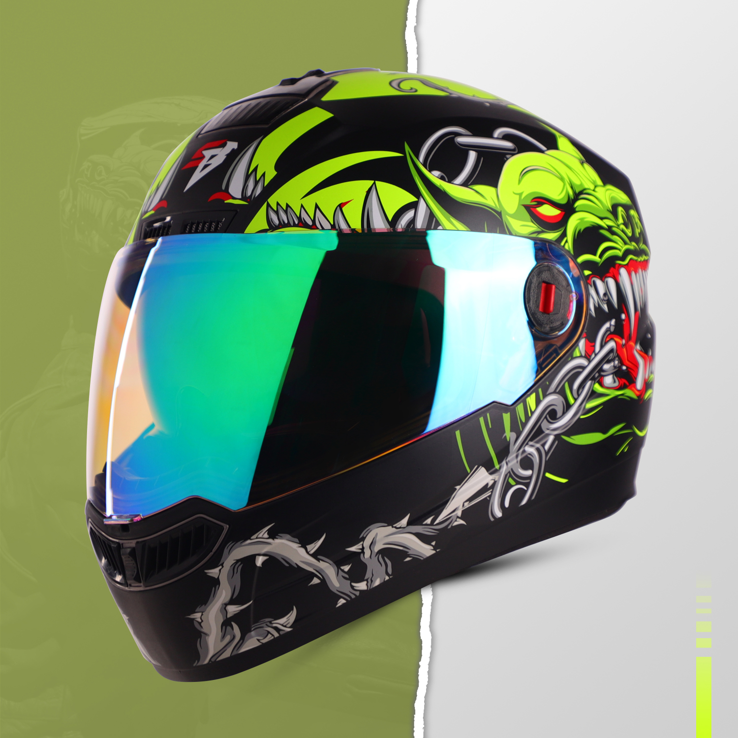 Steelbird SBA-1 Angry Dog ISI Certified Full Face Graphic Helmet For Men And Women With Inner Smoke Sun Shield (Glossy Black Neon With Night Vision Green Visor)