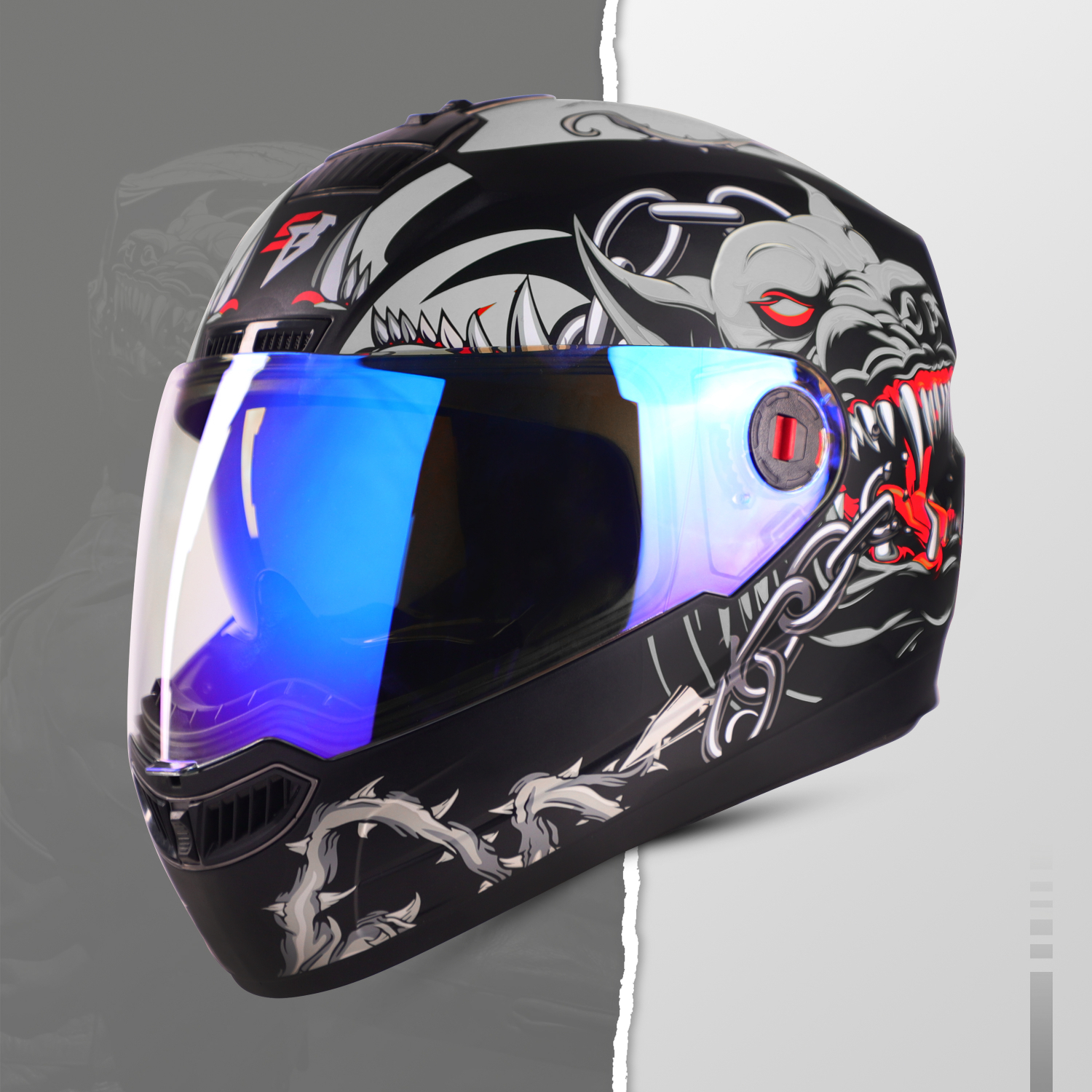 Steelbird SBA-1 Angry Dog ISI Certified Full Face Graphic Helmet For Men And Women With Inner Smoke Sun Shield (Glossy Black Grey With Night Vision Blue Visor)