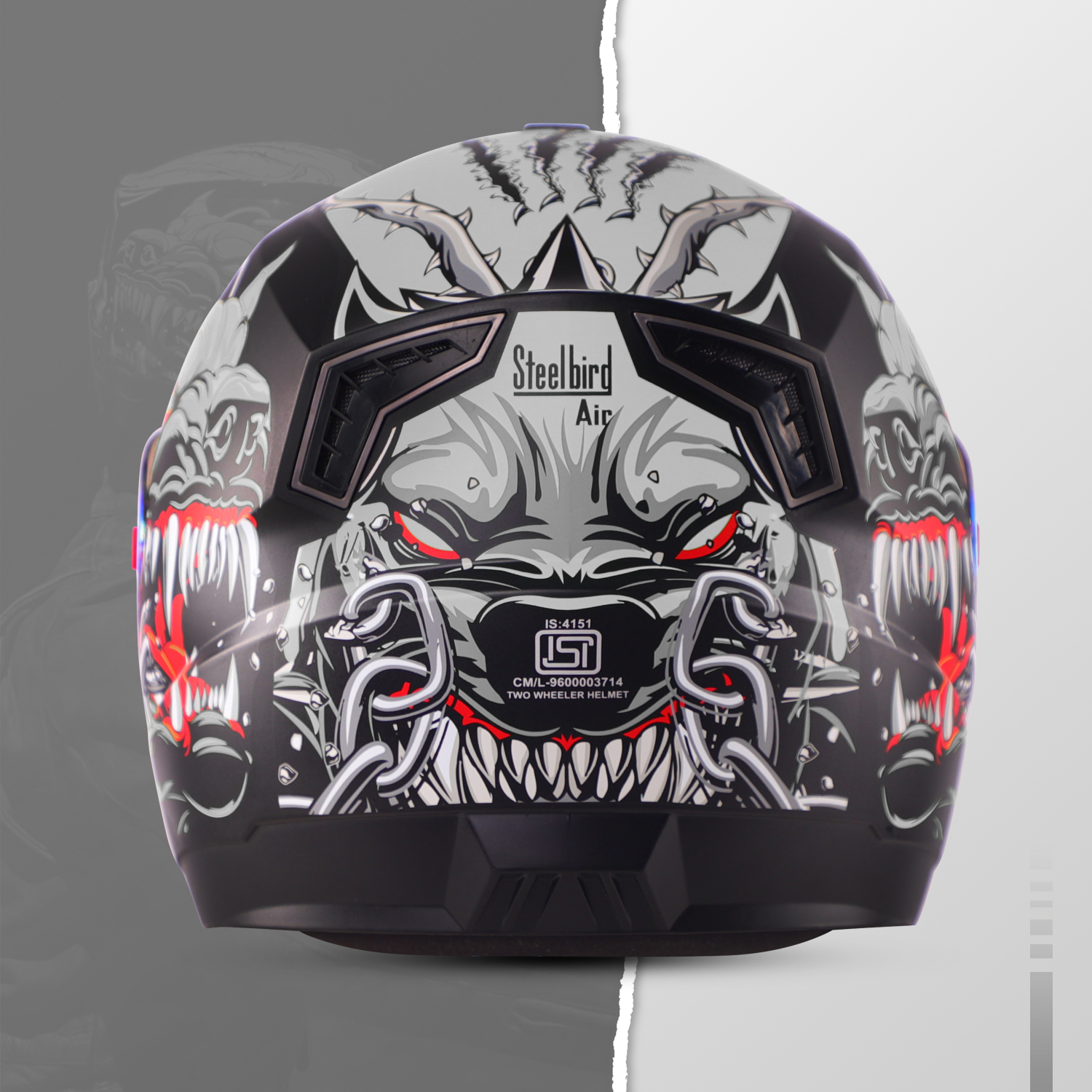 Steelbird SBA-1 Angry Dog ISI Certified Full Face Graphic Helmet For Men And Women With Inner Smoke Sun Shield (Glossy Black Grey With Night Vision Rainbow Visor)