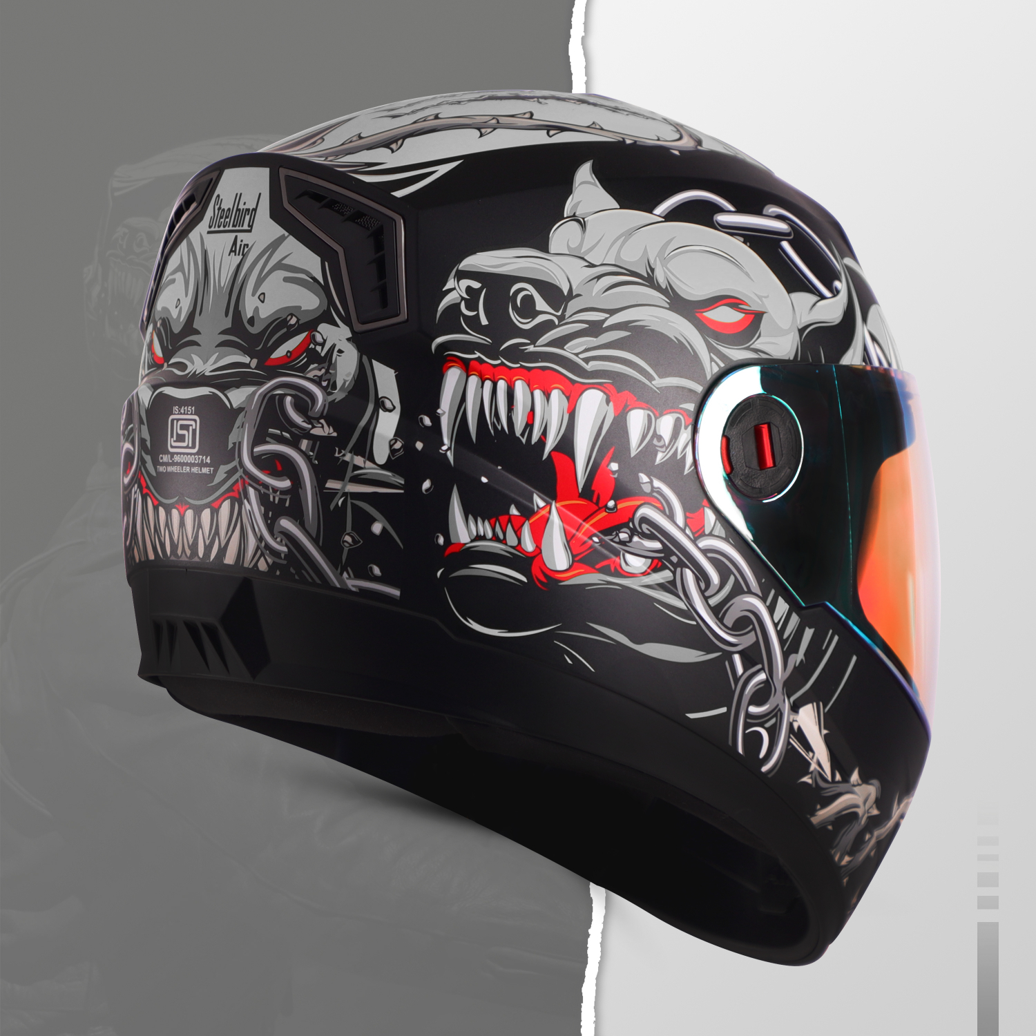 Steelbird SBA-1 Angry Dog ISI Certified Full Face Graphic Helmet For Men And Women With Inner Smoke Sun Shield (Glossy Black Grey With Night Vision Gold Visor)