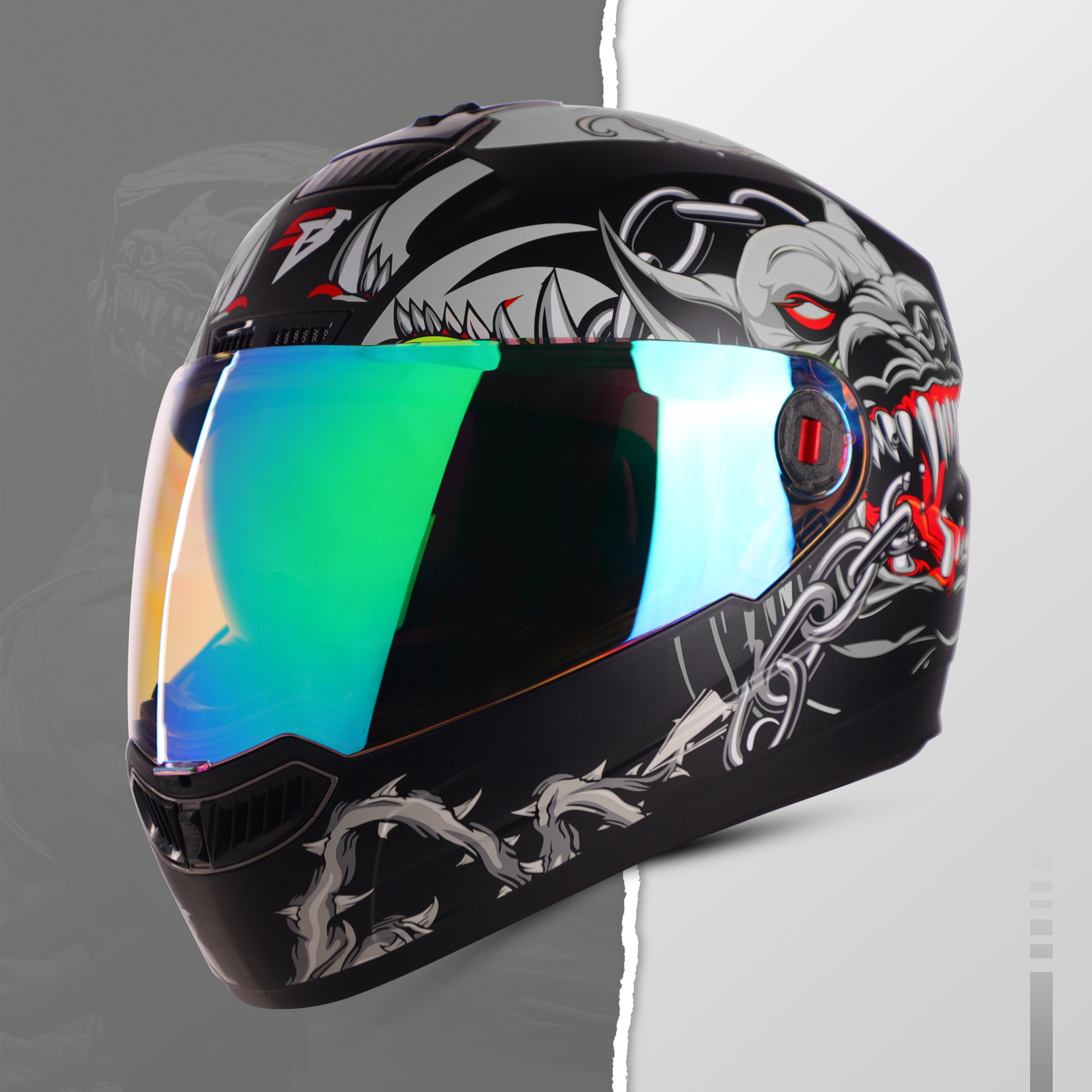 Steelbird SBA-1 Angry Dog ISI Certified Full Face Graphic Helmet For Men And Women With Inner Smoke Sun Shield (Glossy Black Grey With Night Vision Green Visor)