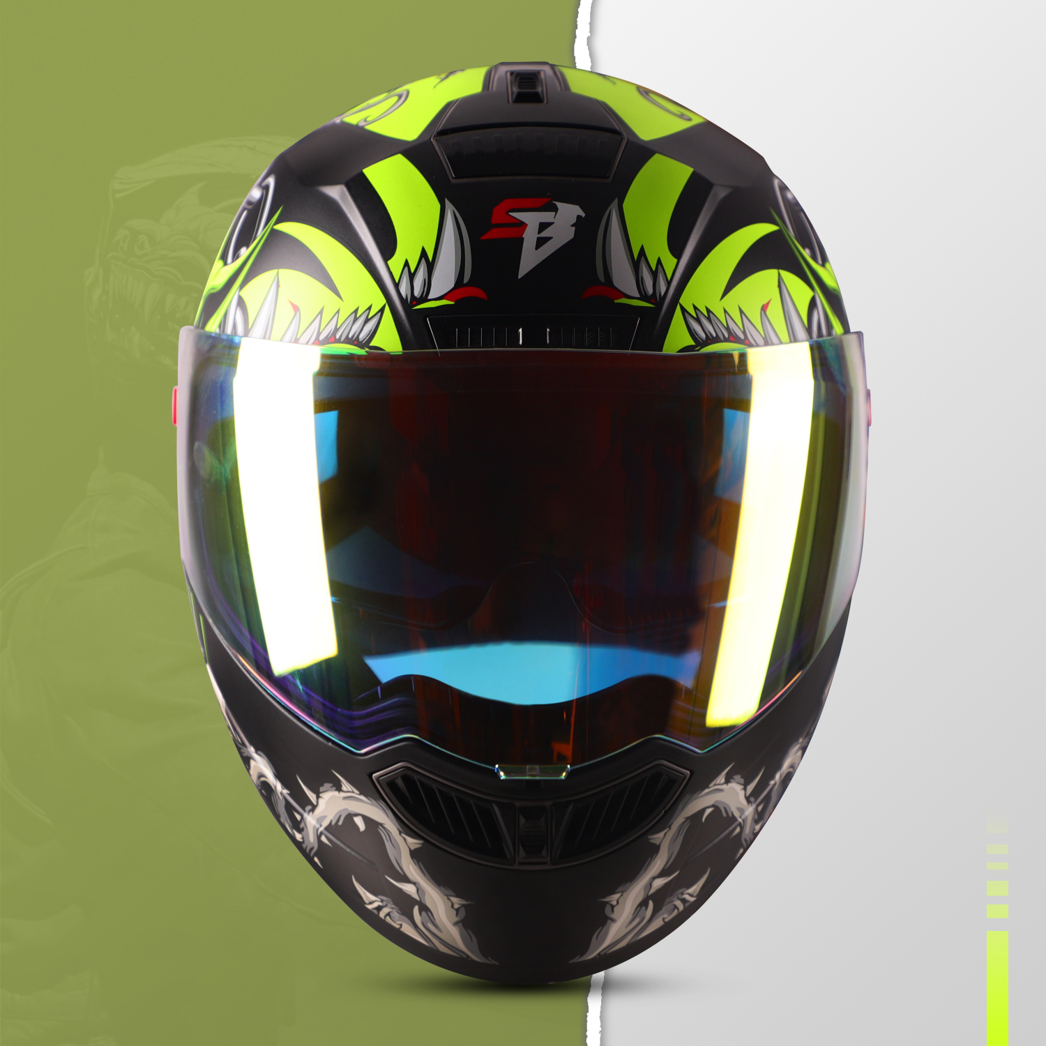 Steelbird SBA-1 Angry Dog ISI Certified Full Face Graphic Helmet For Men And Women With Inner Smoke Sun Shield (Matt Black Neon With Night Vision Gold Visor)