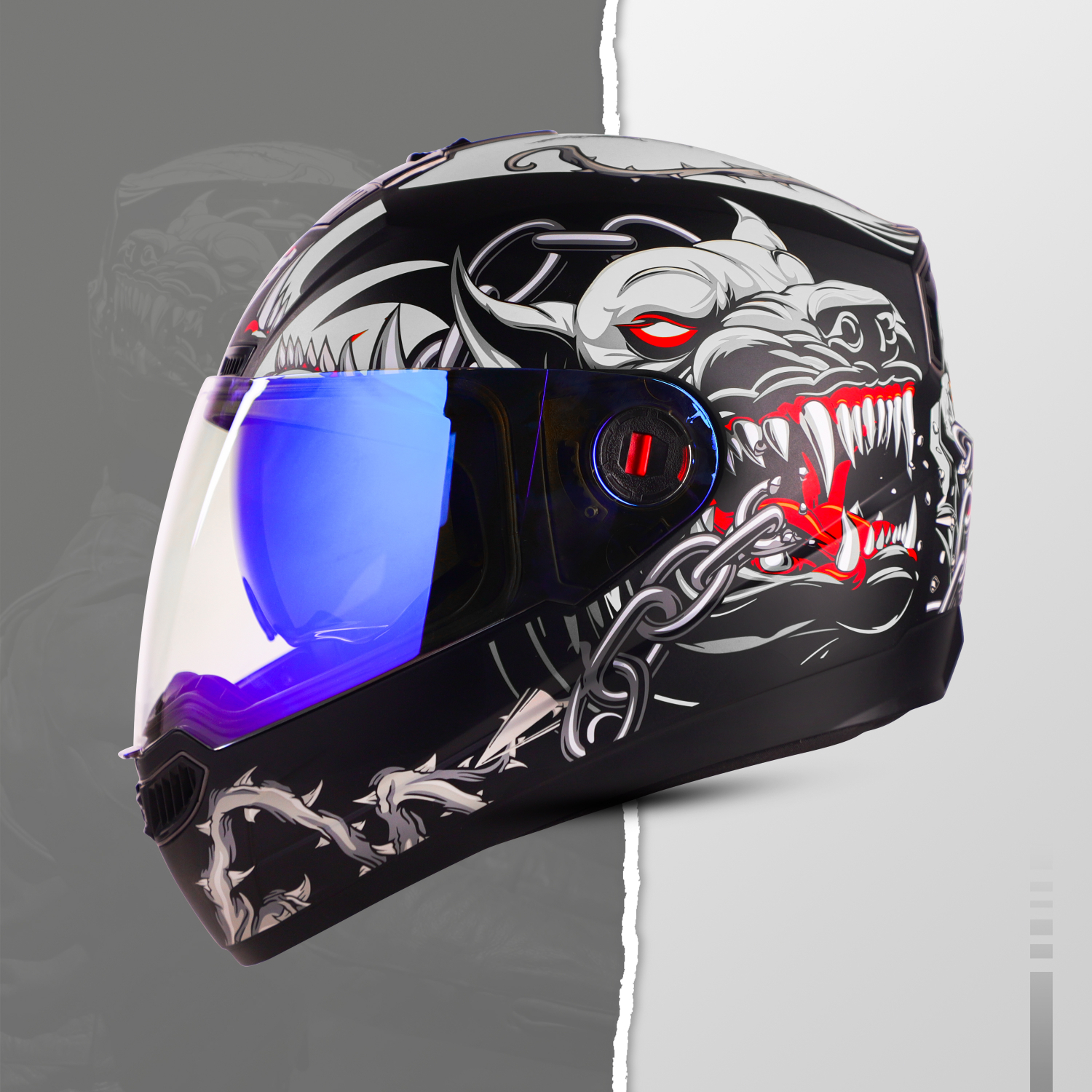 Steelbird SBA-1 Angry Dog ISI Certified Full Face Graphic Helmet For Men And Women With Inner Smoke Sun Shield (Matt Black Grey With Night Vision Blue Visor)