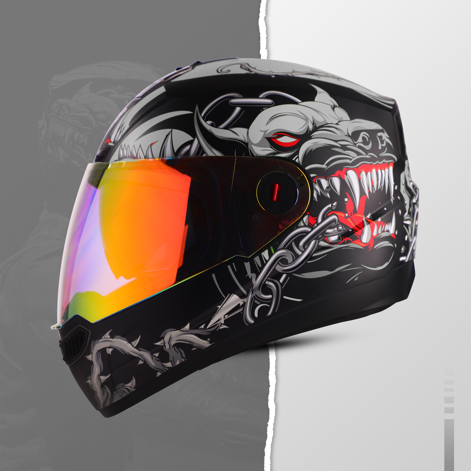 Steelbird SBA-1 Angry Dog ISI Certified Full Face Graphic Helmet For Men And Women With Inner Smoke Sun Shield (Matt Black Grey With Night Vision Gold Visor)