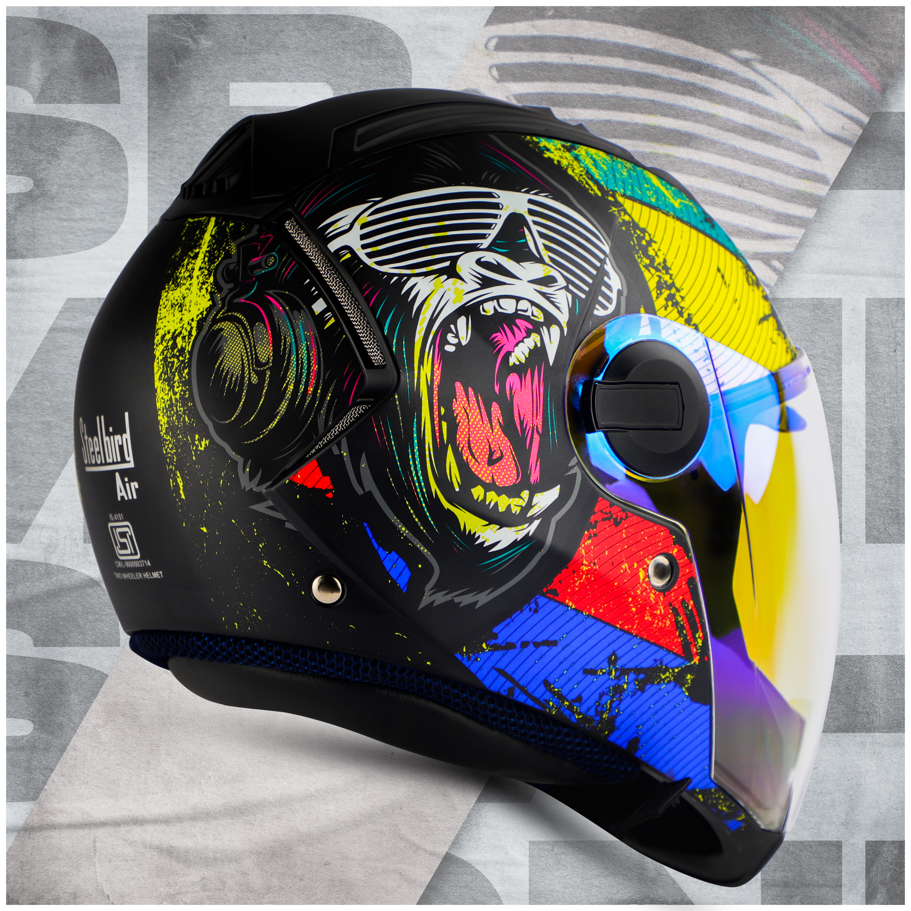 Steelbird SBA-2 Monkey ISI Certified Full Face Photochromic Graphic Helmet For Men And Women (Glossy Blue With Night Vision Blue Visor)