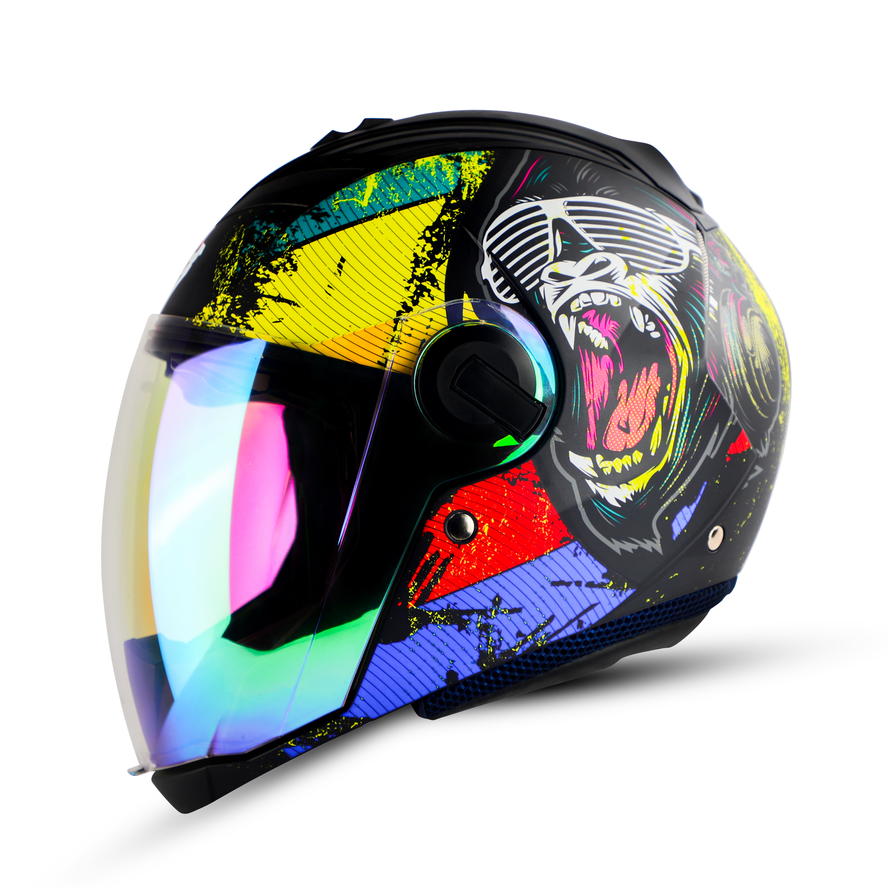 Steelbird SBA-2 Monkey ISI Certified Full Face Photochromic Graphic Helmet For Men And Women (Glossy Blue With Night Vision Rainbow Visor)