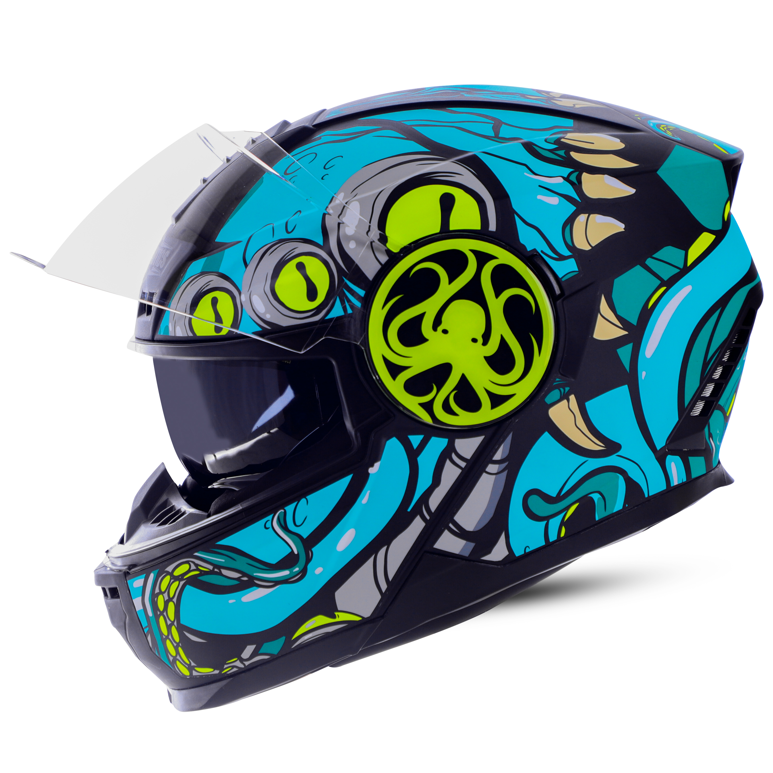 Steelbird SBH-40 Octopus ISI Certified Full Face Graphic Helmet for Men and Women with Inner Smoke Sun Shield (Glossy Black Sea Green)