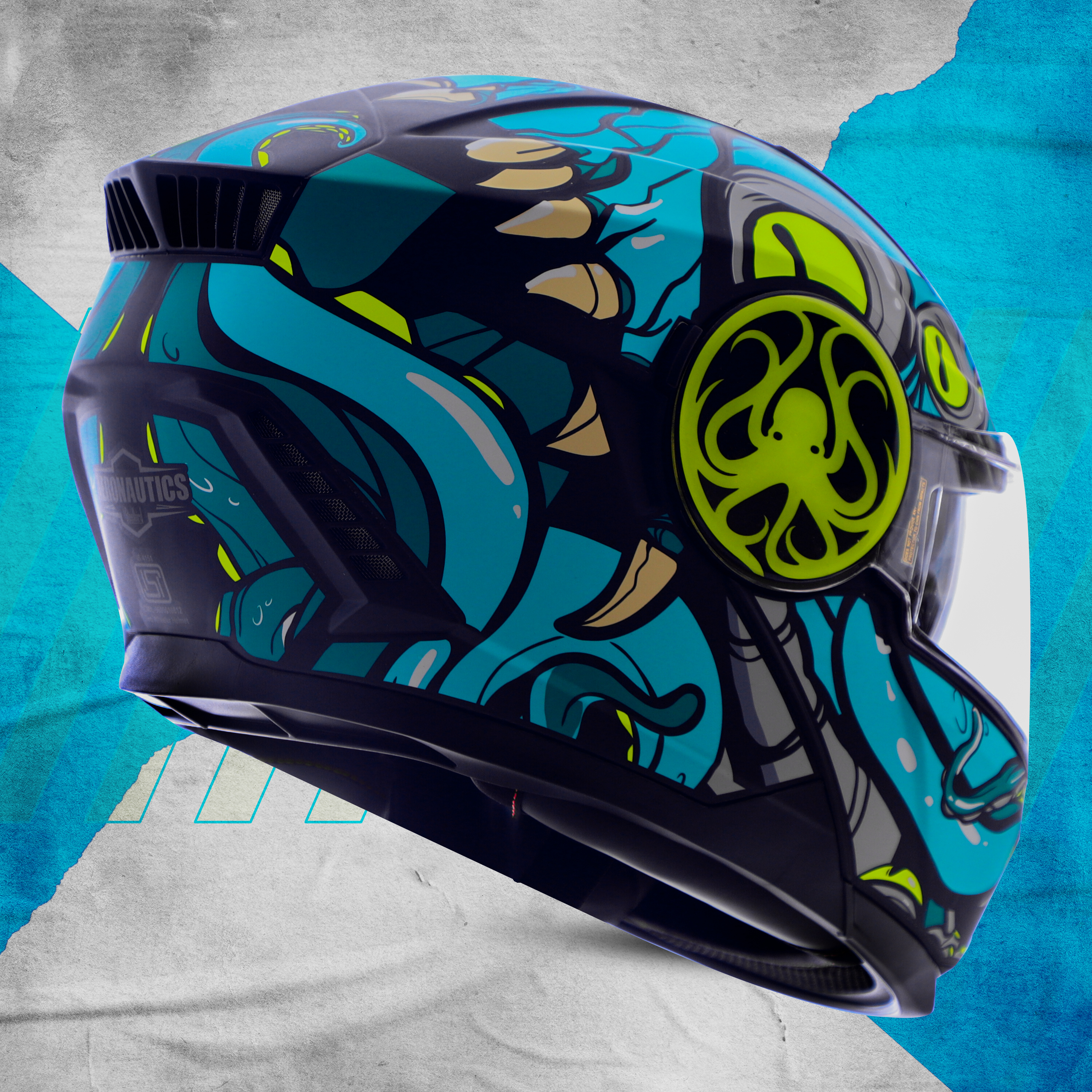 Steelbird SBH-40 Octopus ISI Certified Full Face Graphic Helmet For Men And Women With Inner Smoke Sun Shield (Glossy Black Sea Green)