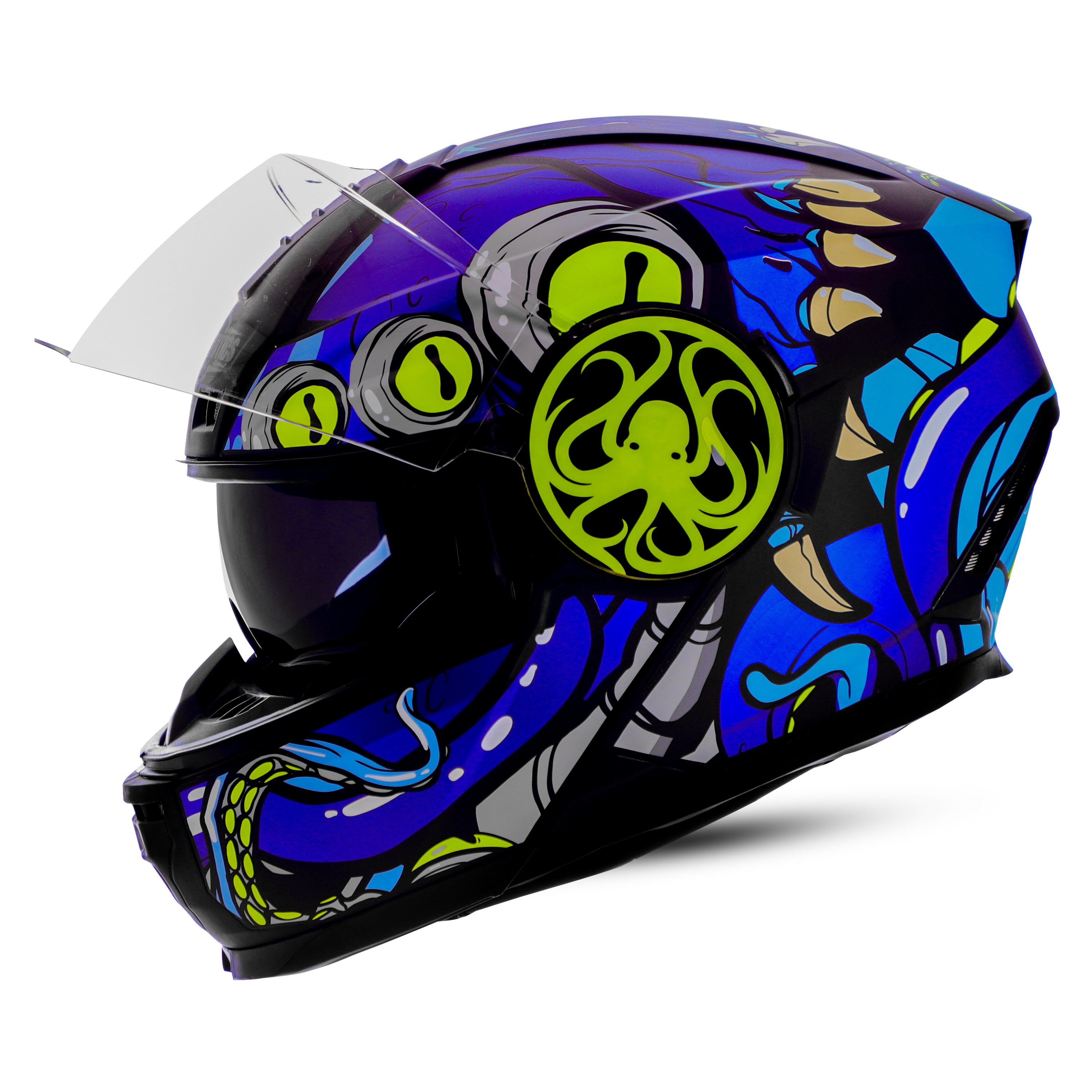Steelbird SBH-40 Octopus ISI Certified Full Face Graphic Helmet For Men And Women With Inner Smoke Sun Shield (Glossy Black Chrome Blue)