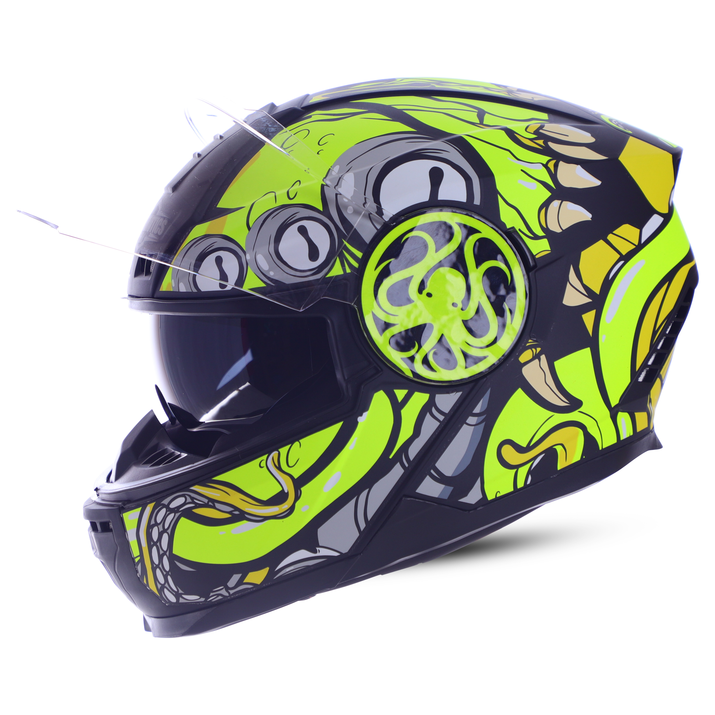 Steelbird SBH-40 Octopus ISI Certified Full Face Graphic Helmet For Men And Women With Inner Smoke Sun Shield (Glossy Black Glow Neon)