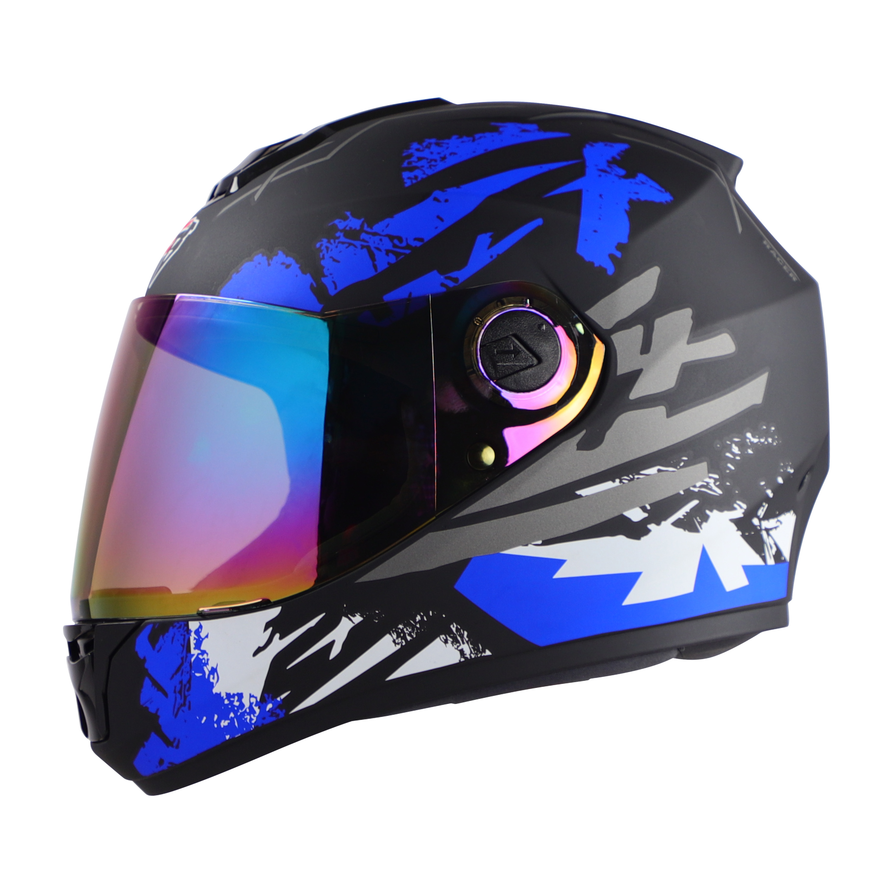 Steelbird SBH-11 Zoom Racer ISI Certified Full Face Graphic Helmet for Men and Women (Glossy Black Blue with Chrome Rainbow Visor)