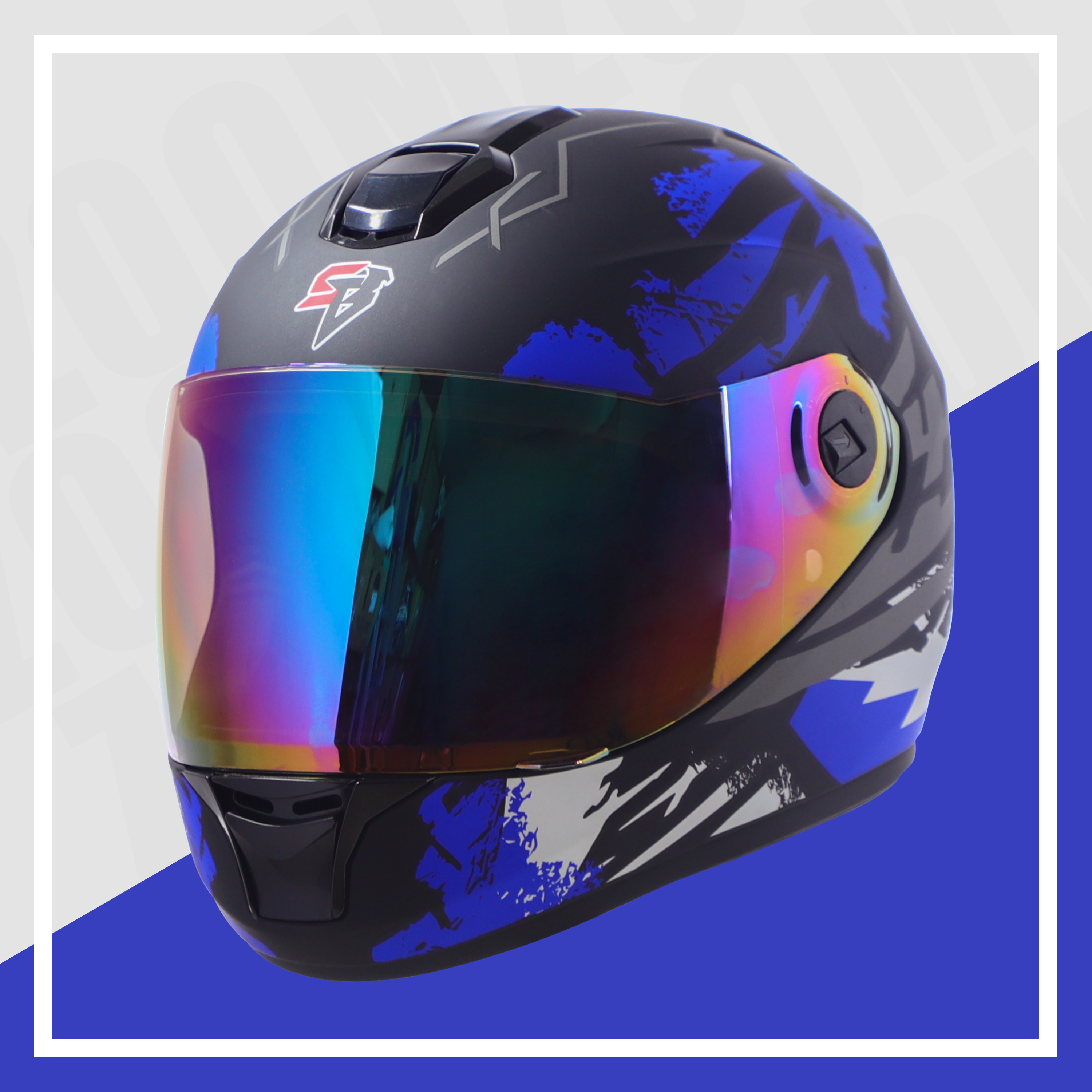 Steelbird SBH-11 Zoom Racer ISI Certified Full Face Graphic Helmet For Men And Women (Glossy Black Blue With Chrome Rainbow Visor)