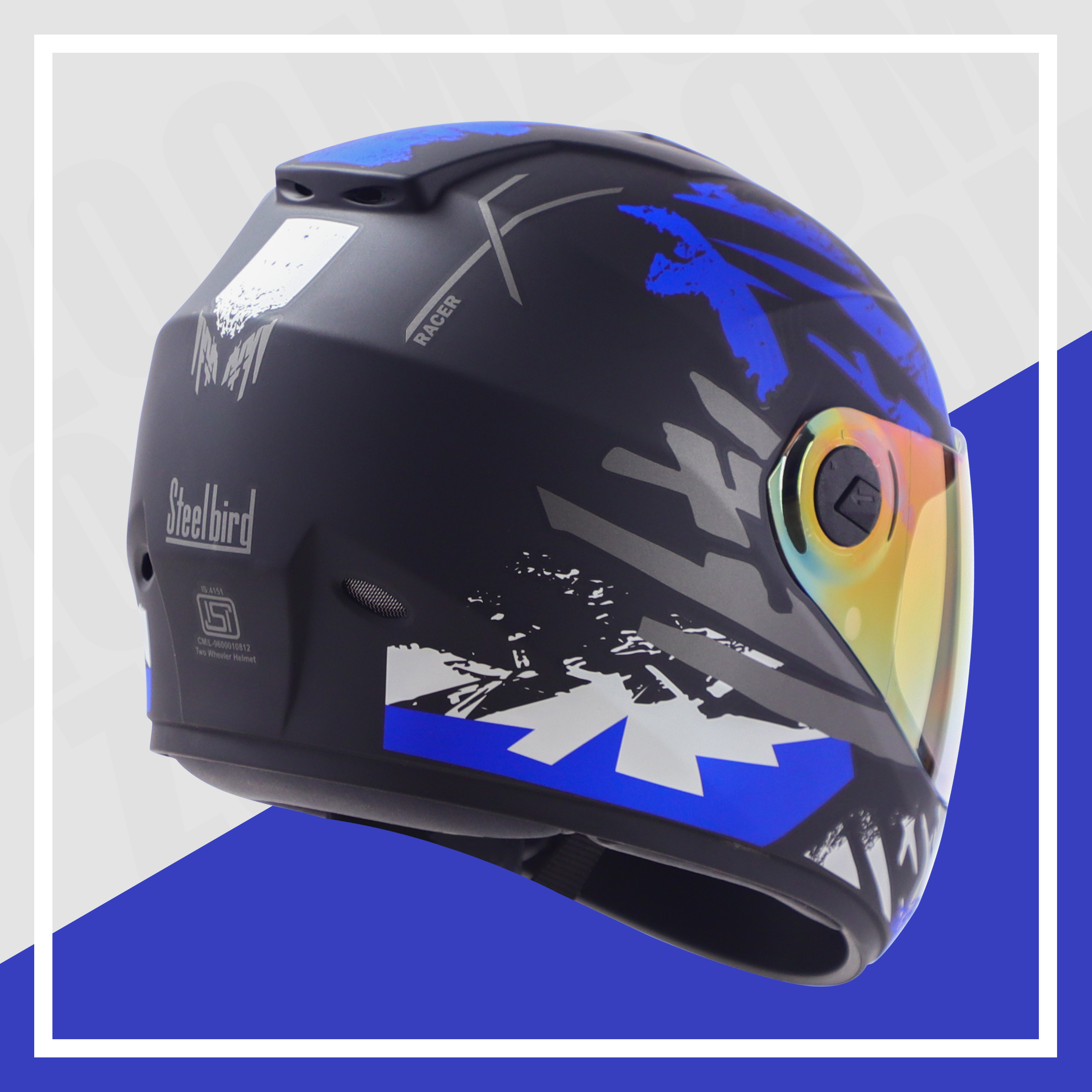 Steelbird SBH-11 Zoom Racer ISI Certified Full Face Graphic Helmet For Men And Women (Glossy Black Blue With Chrome Rainbow Visor)