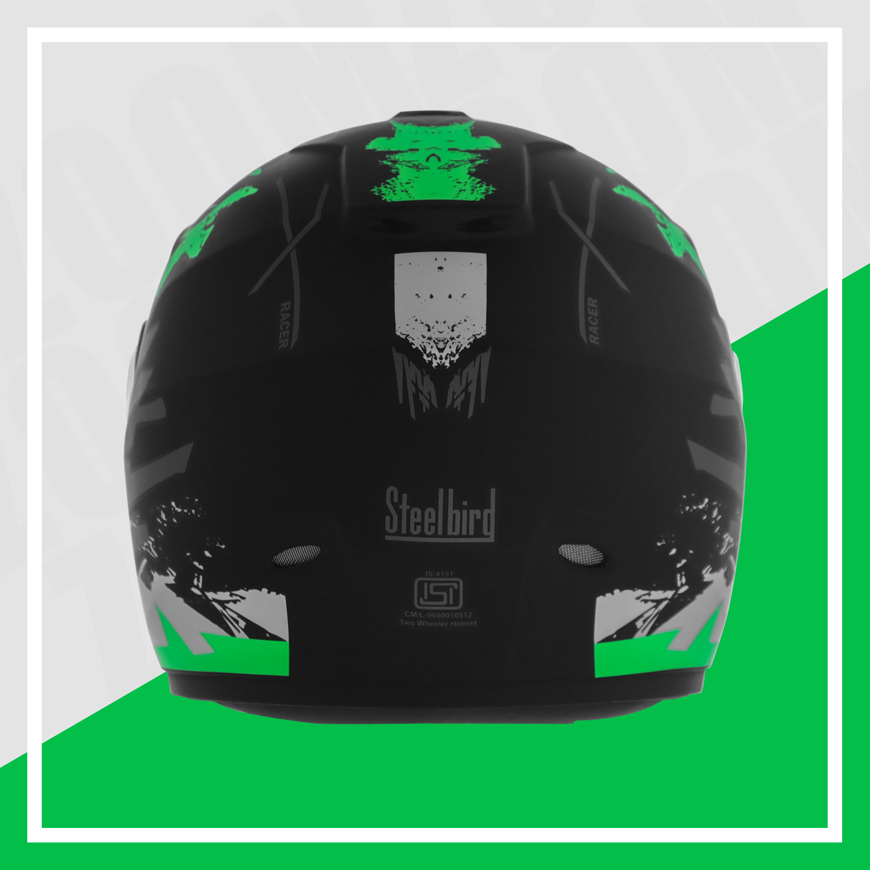 Steelbird SBH-11 Zoom Racer ISI Certified Full Face Graphic Helmet For Men And Women (Glossy Black Green With Chrome Silver Visor)