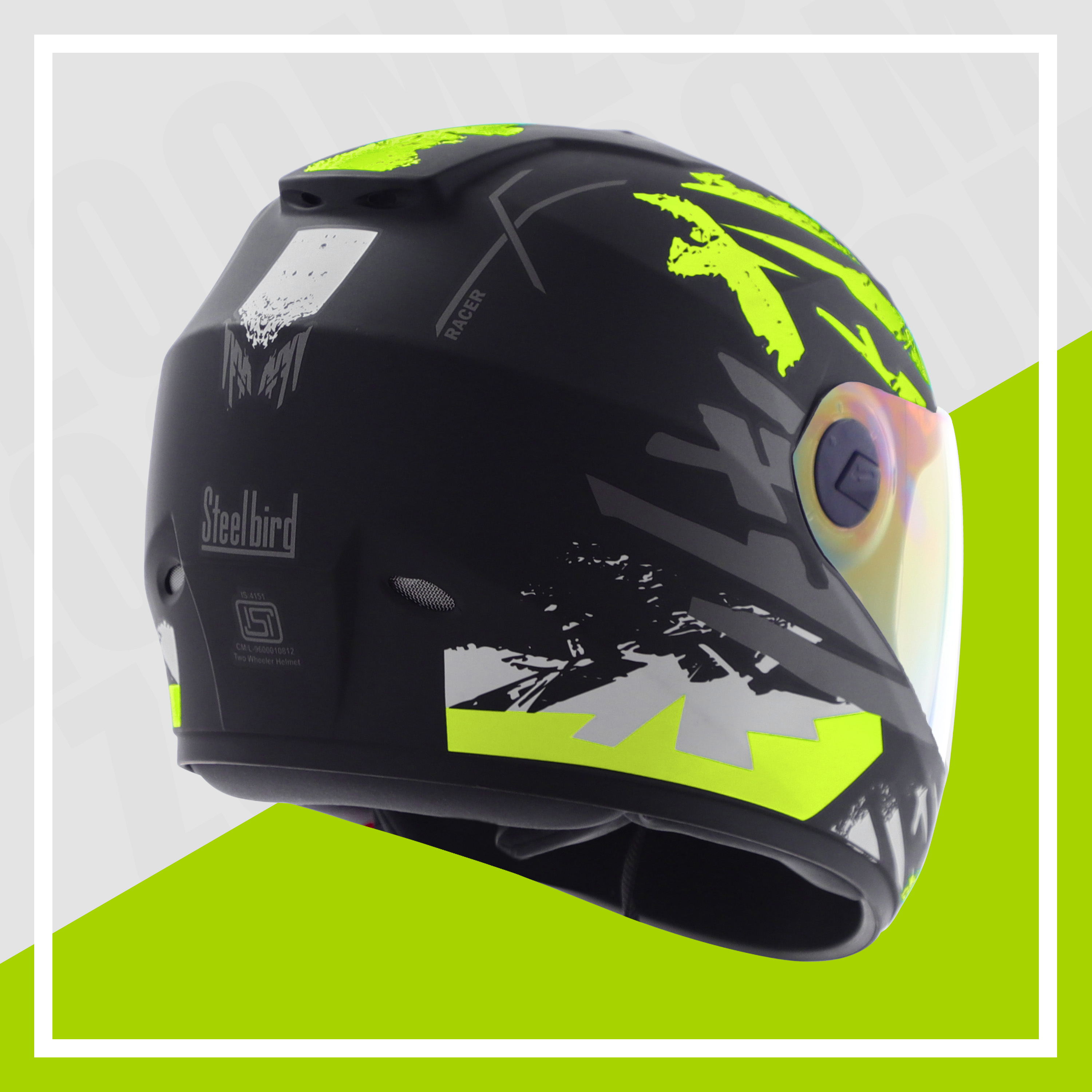 Steelbird SBH-11 Zoom Racer ISI Certified Full Face Graphic Helmet For Men And Women (Glossy Black Neon With Chrome Rainbow Visor)