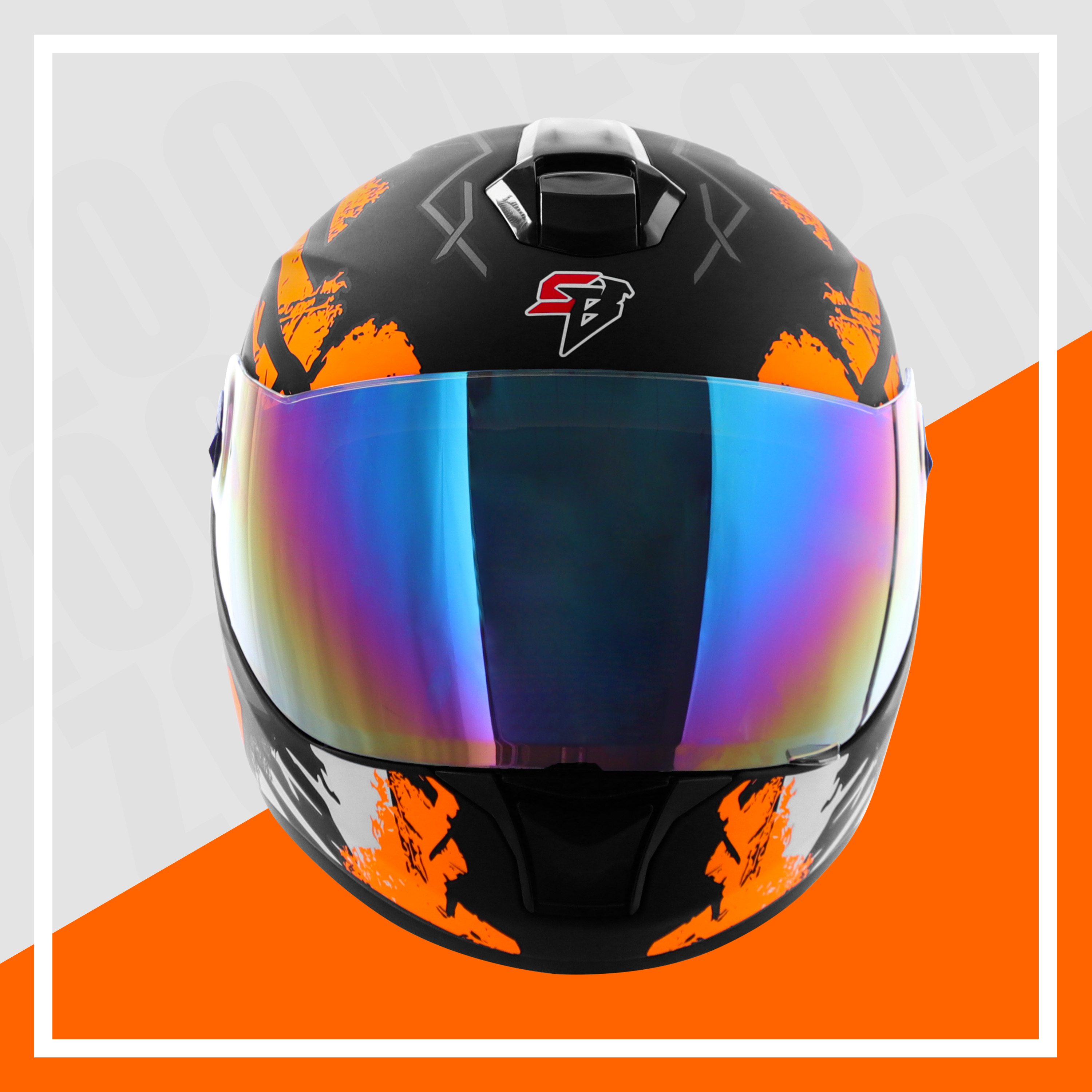 Steelbird SBH-11 Zoom Racer ISI Certified Full Face Graphic Helmet For Men And Women (Glossy Black Orange With Chrome Rainbow Visor)