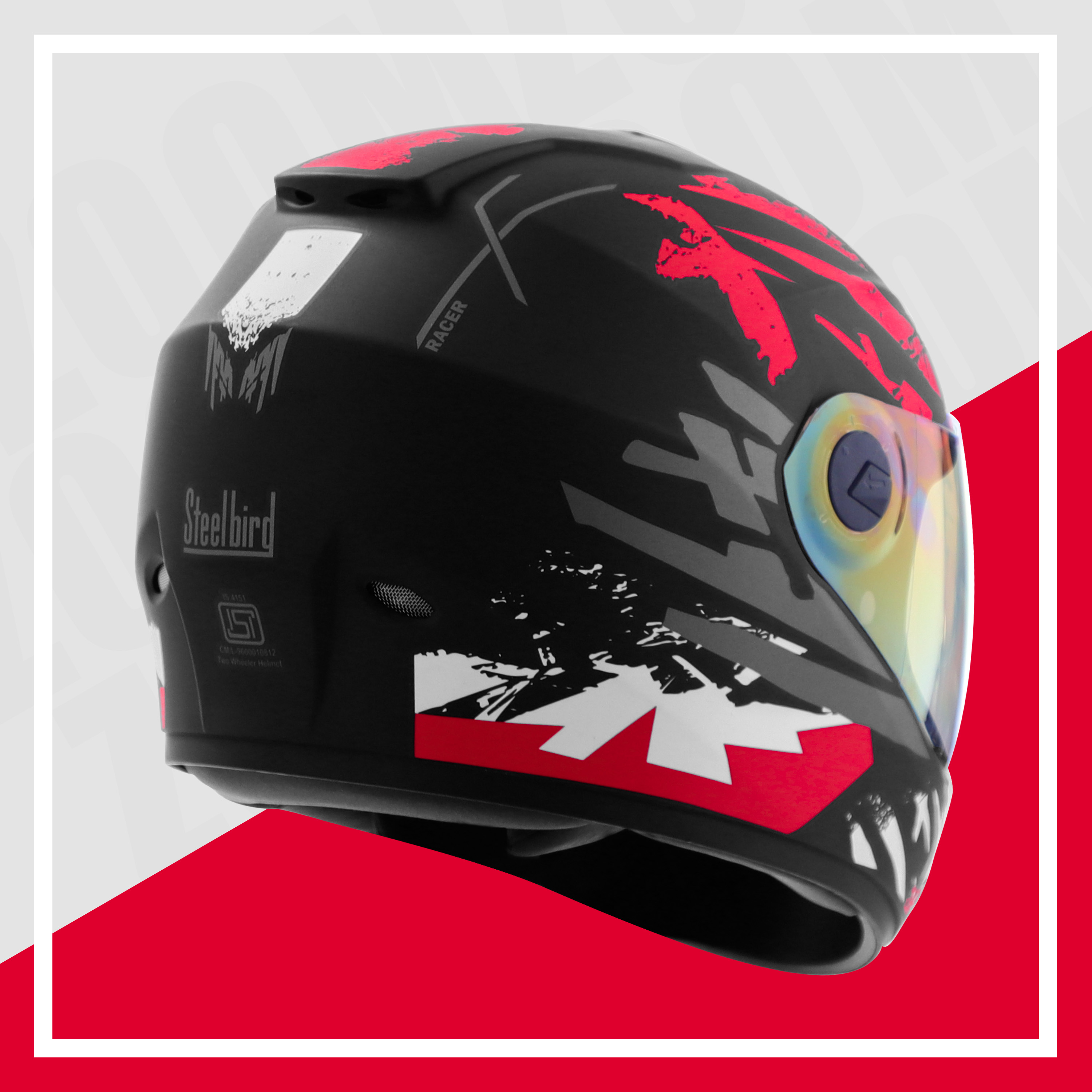 Steelbird SBH-11 Zoom Racer ISI Certified Full Face Graphic Helmet For Men And Women (Glossy Black Red With Chrome Rainbow Visor)