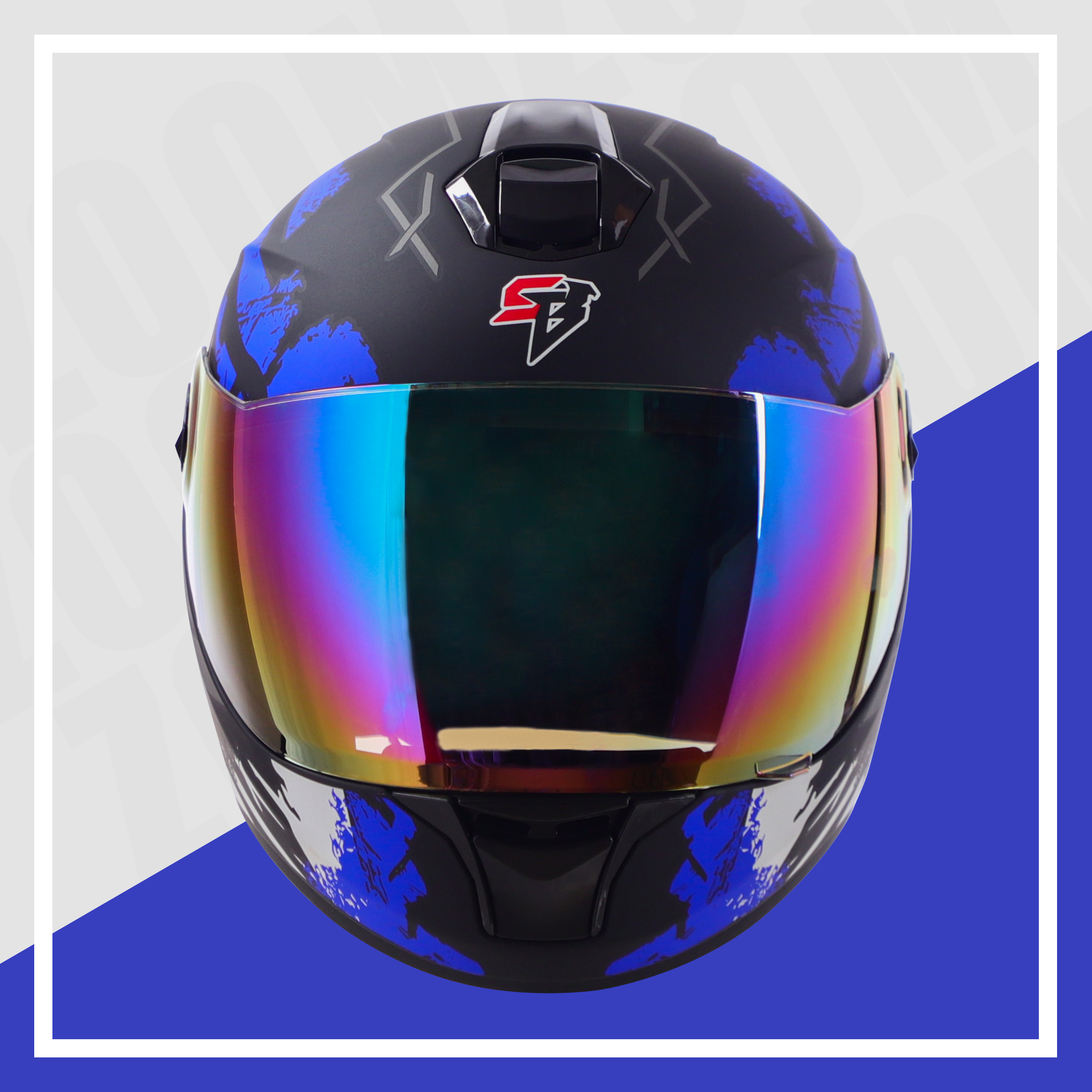 Steelbird SBH-11 Zoom Racer ISI Certified Full Face Graphic Helmet For Men And Women (Matt Black Blue With Chrome Rainbow Visor)