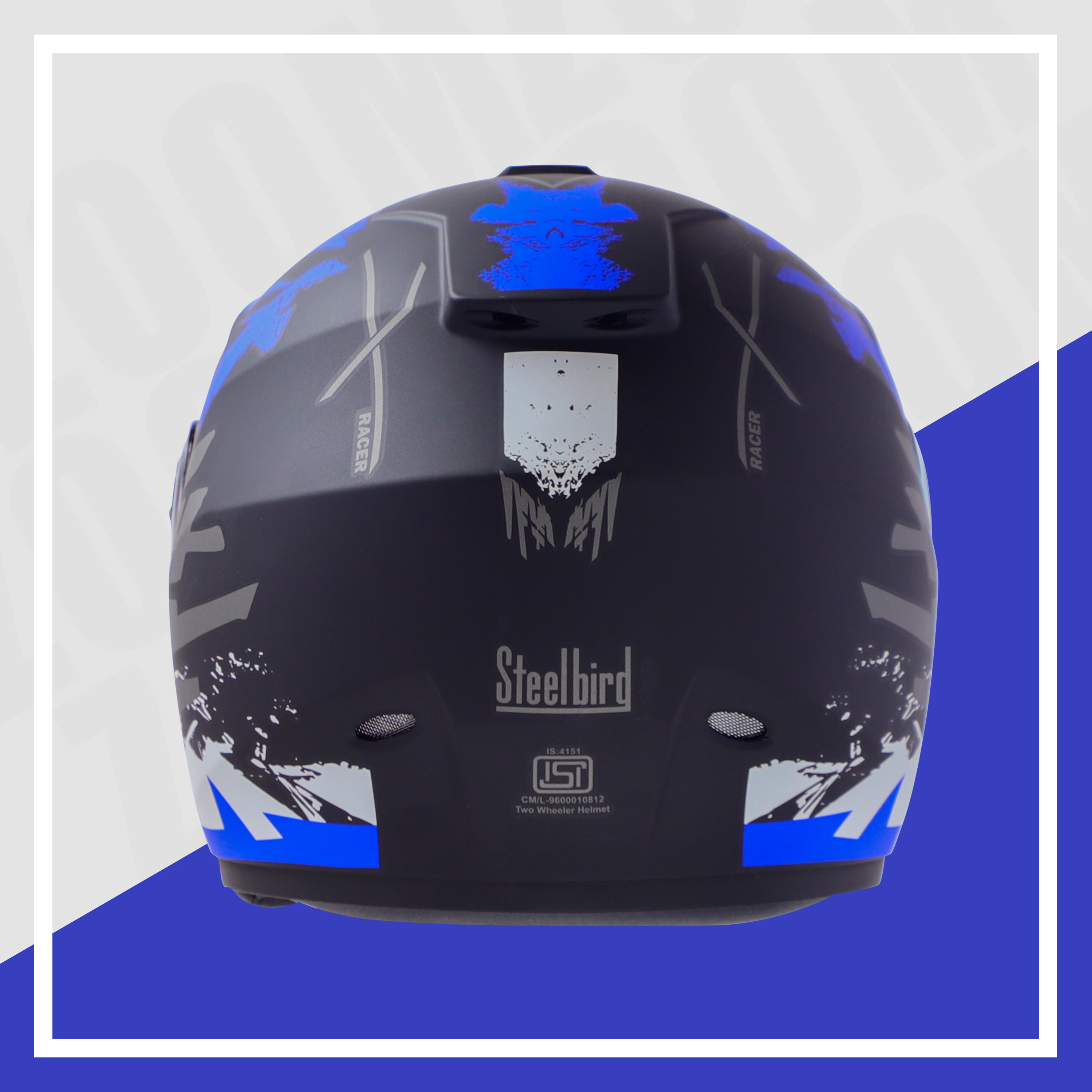 Steelbird SBH-11 Zoom Racer ISI Certified Full Face Graphic Helmet For Men And Women (Matt Black Blue With Chrome Rainbow Visor)