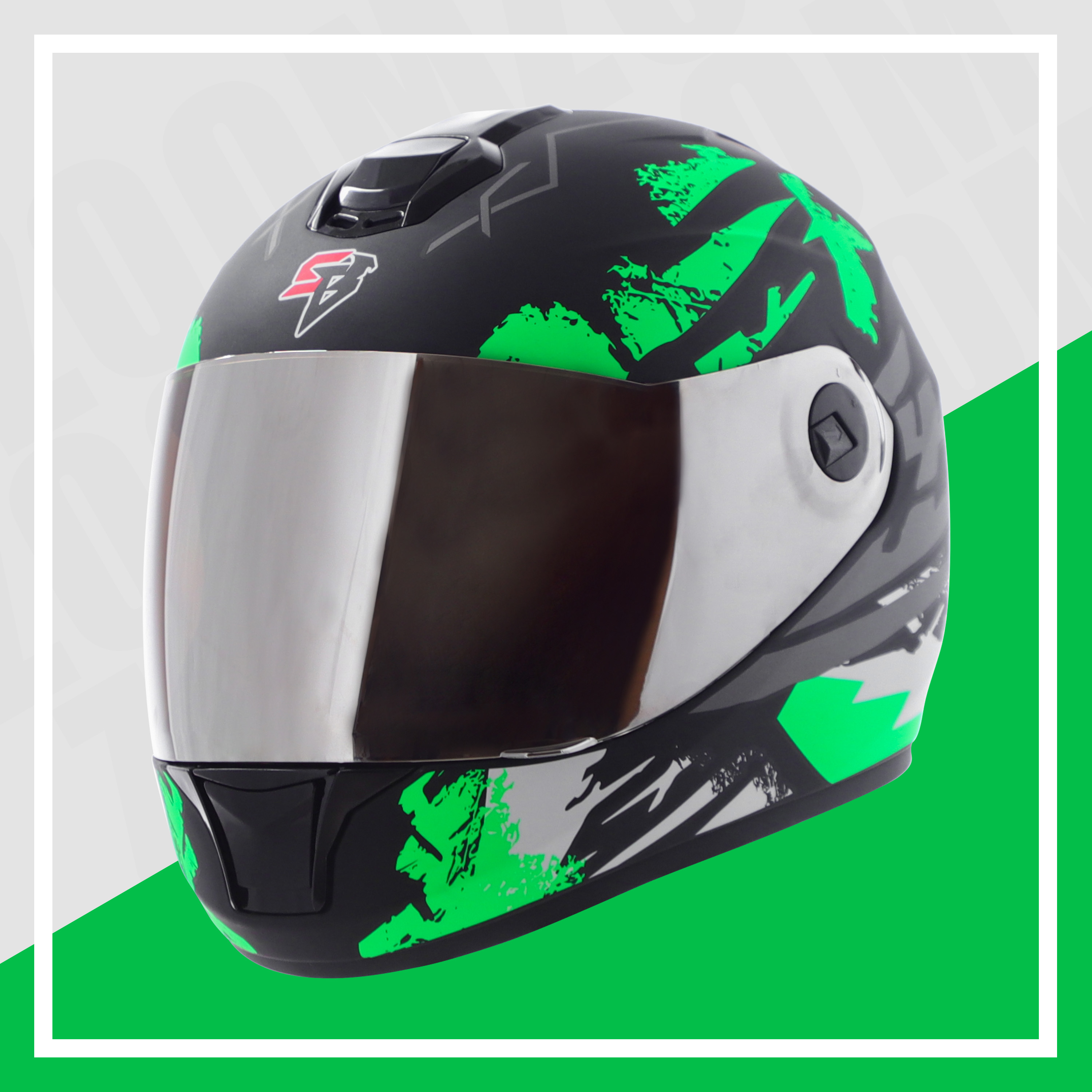 Steelbird SBH-11 Zoom Racer ISI Certified Full Face Graphic Helmet For Men And Women (Matt Black Green With Chrome Silver Visor)