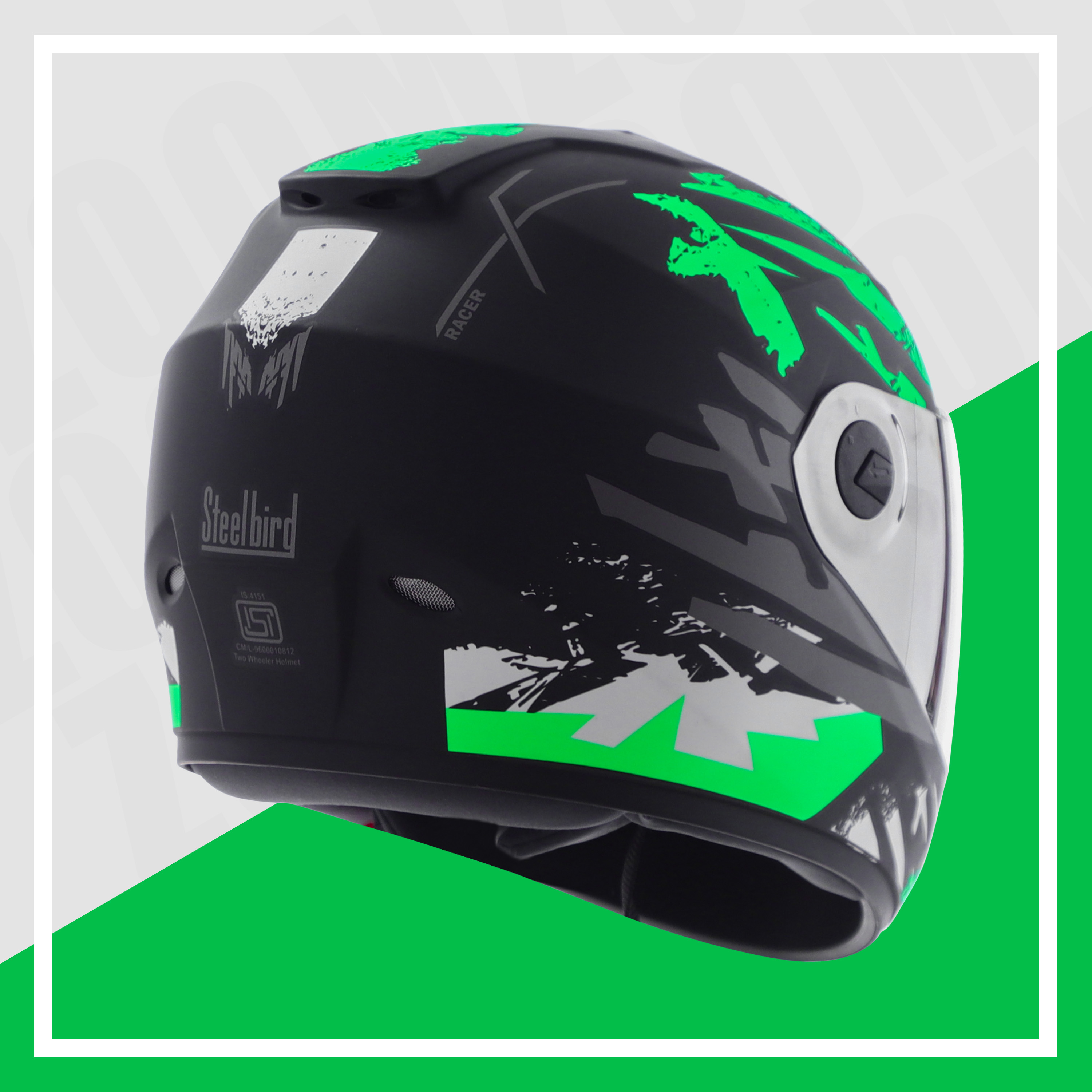 Steelbird SBH-11 Zoom Racer ISI Certified Full Face Graphic Helmet For Men And Women (Matt Black Green With Chrome Silver Visor)