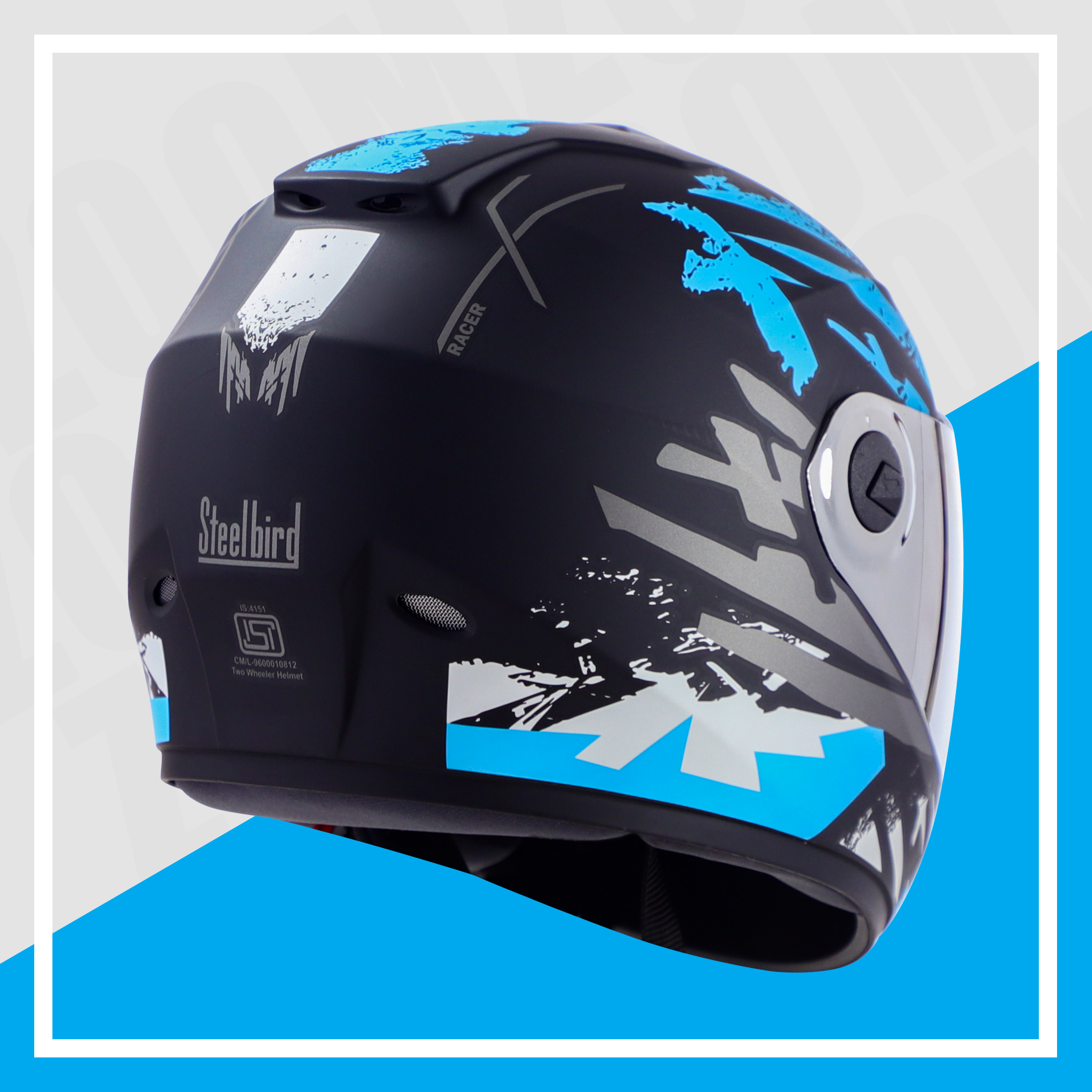 Steelbird SBH-11 Zoom Racer ISI Certified Full Face Graphic Helmet For Men And Women (Matt Black Jazz Blue With Chrome Silver Visor)