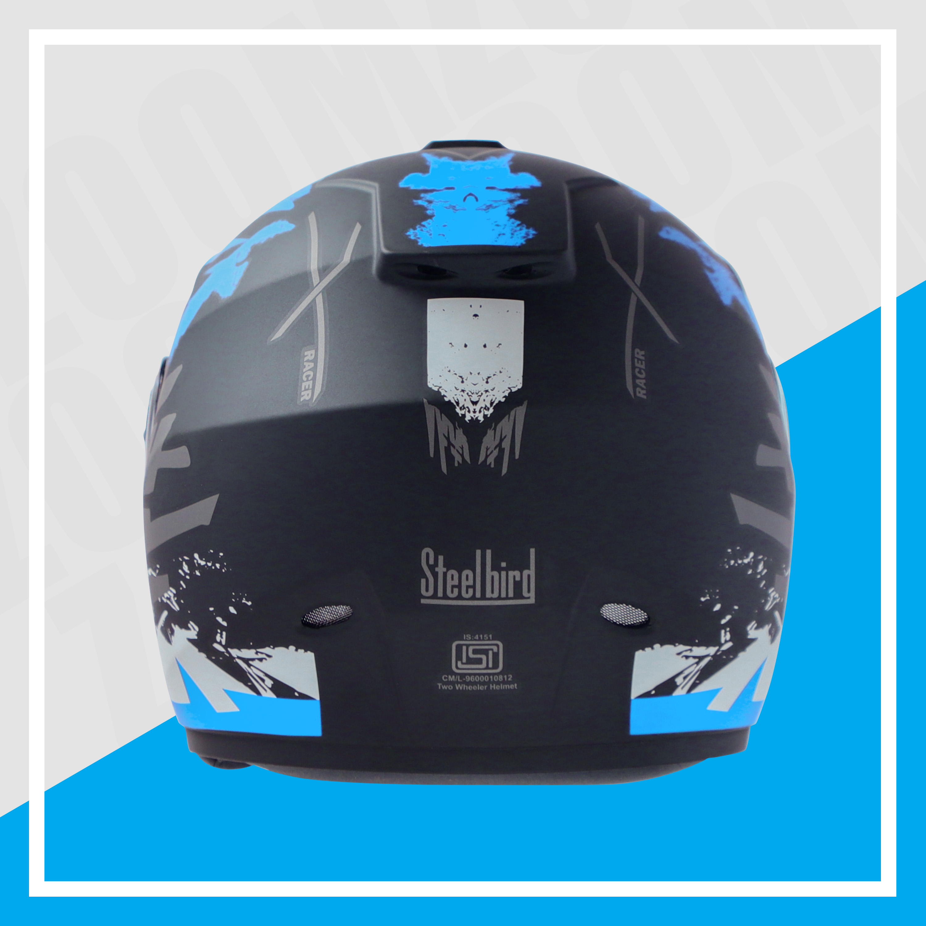 Steelbird SBH-11 Zoom Racer ISI Certified Full Face Graphic Helmet For Men And Women (Matt Black Jazz Blue With Chrome Silver Visor)