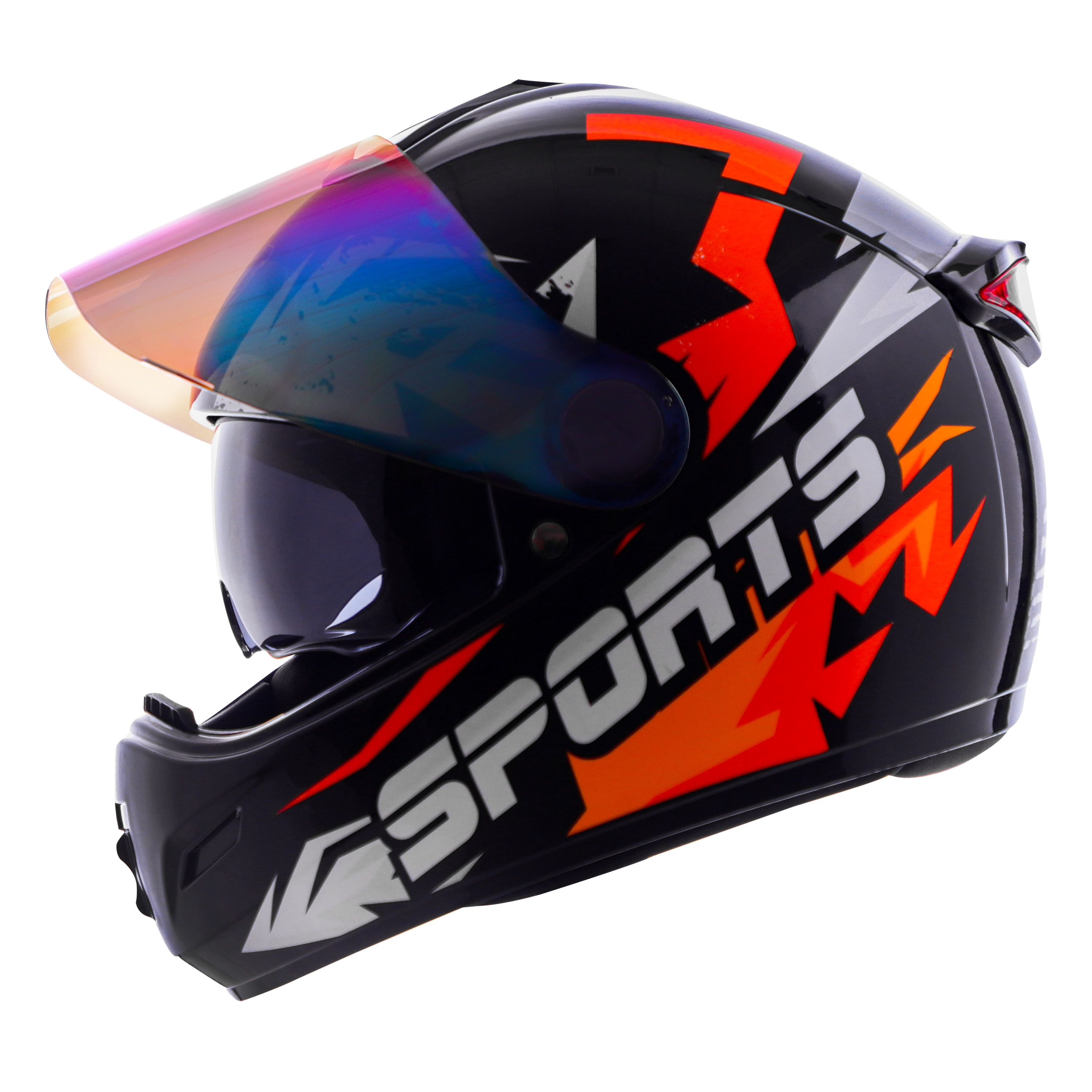 Steelbird SBH-34 Sports ISI Certified Full Face Bike Helmet for Men and Women with Inner Smoke Sun Shield (Glossy Black Orange with Chrome Rainbow Visor)