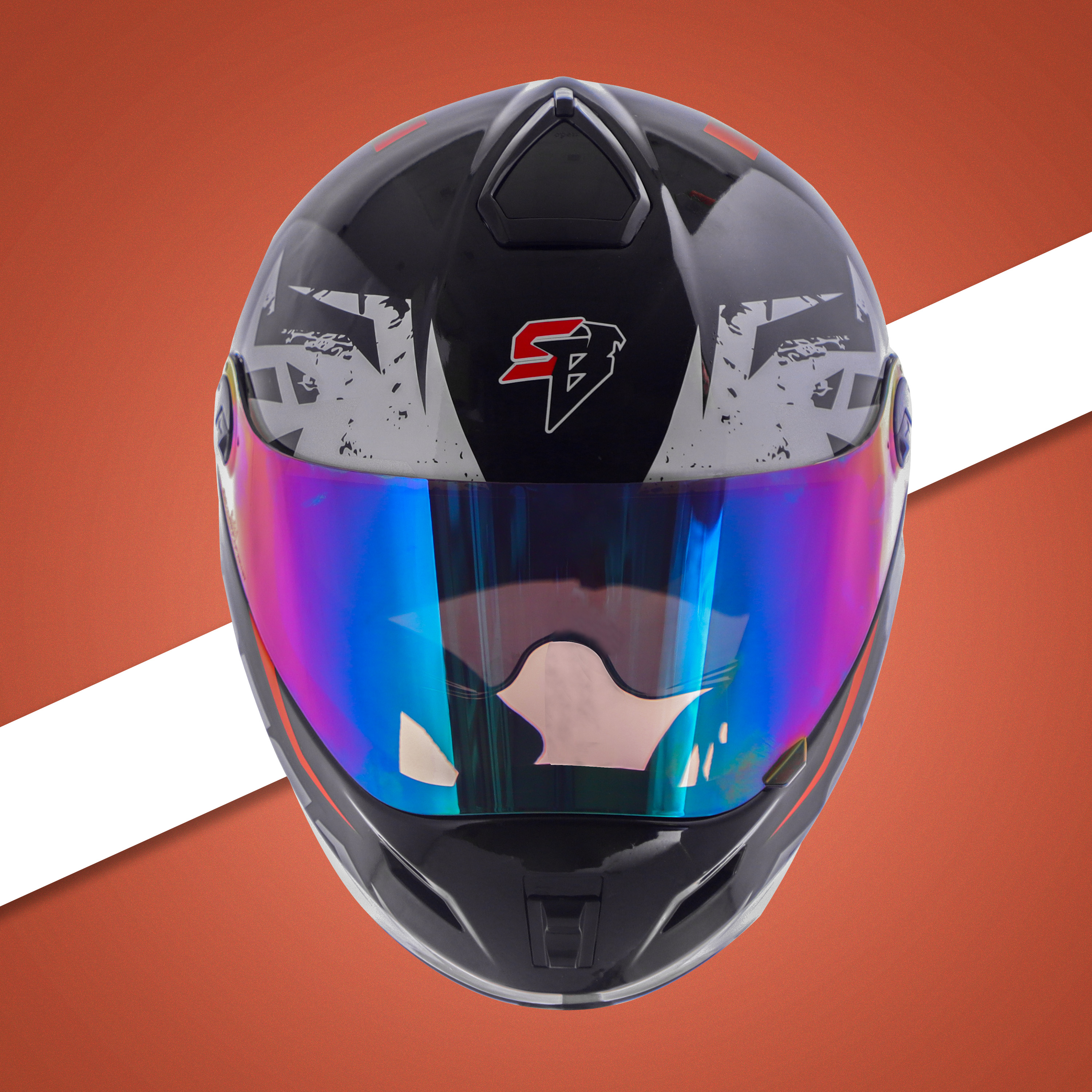 Steelbird SBH-34 Sports ISI Certified Full Face Bike Helmet For Men And Women With Inner Smoke Sun Shield (Glossy Black Orange With Chrome Rainbow Visor)