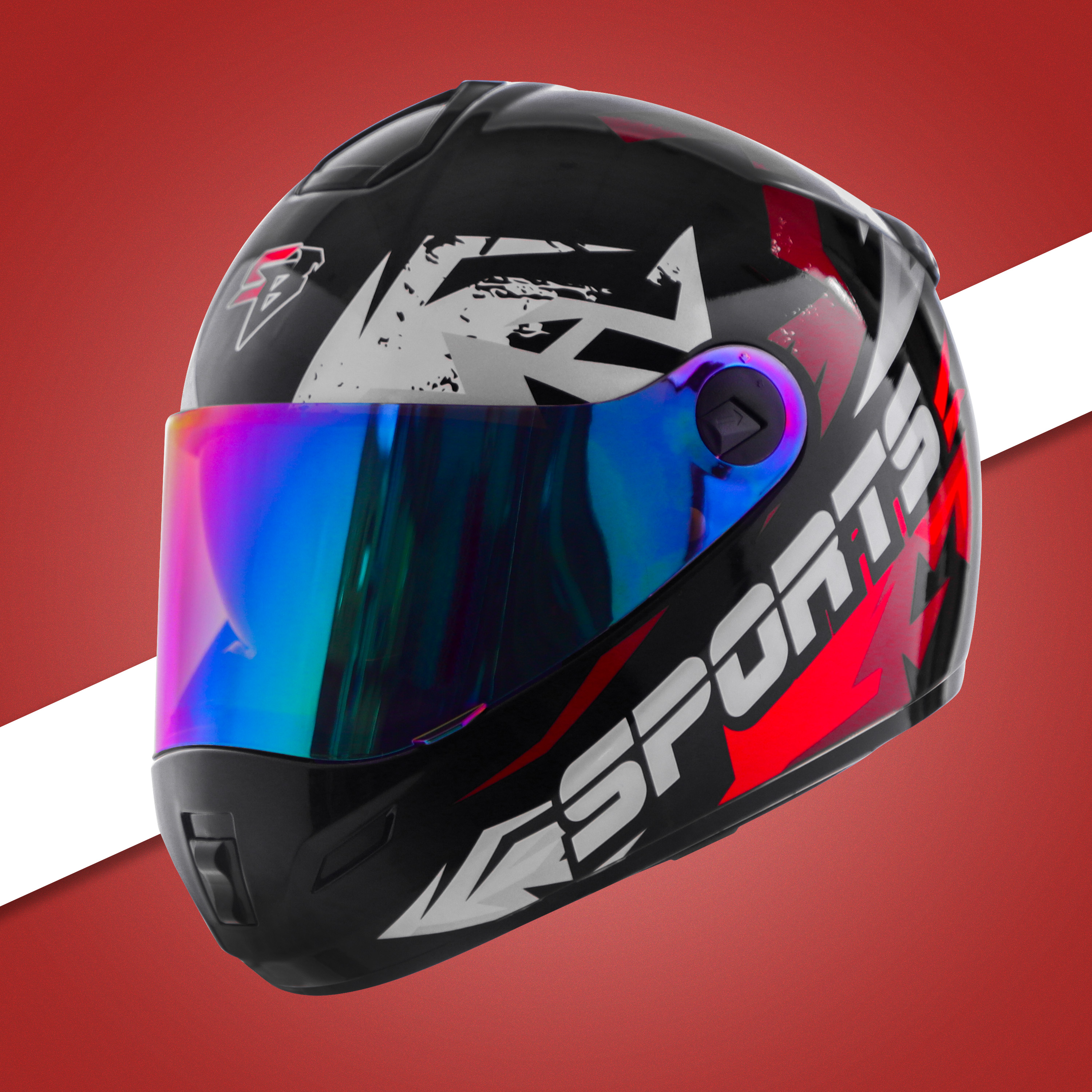 Steelbird SBH-34 Sports ISI Certified Full Face Bike Helmet For Men And Women With Inner Smoke Sun Shield (Matt Black Red With Chrome Rainbow Visor)