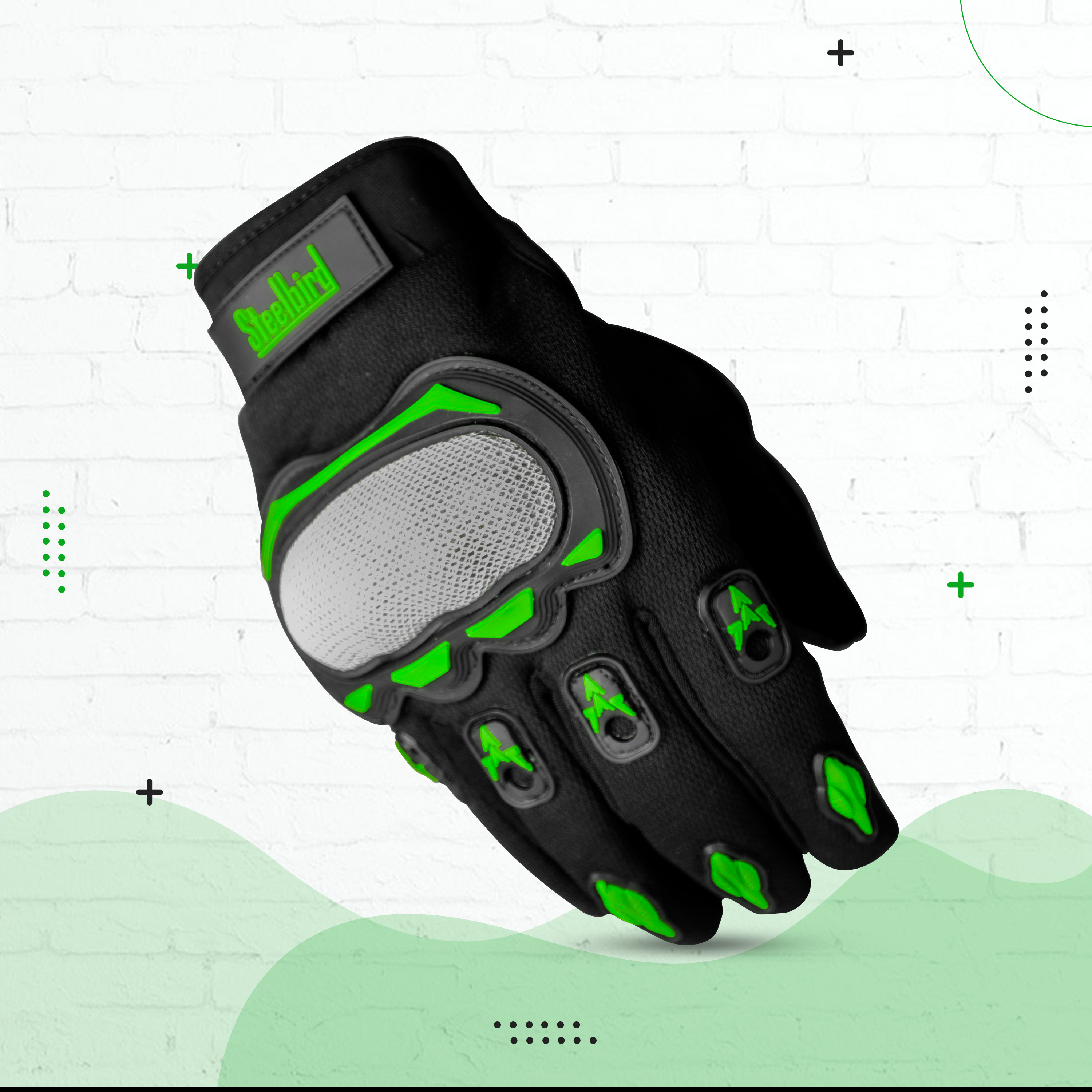 Steelbird Experience 1.0 Reflective Full Finger Bike Riding Gloves With Touch Screen Sensitivity At Thumb And Index Finger, Protective Off-Road Motorbike Racing (Black Green)