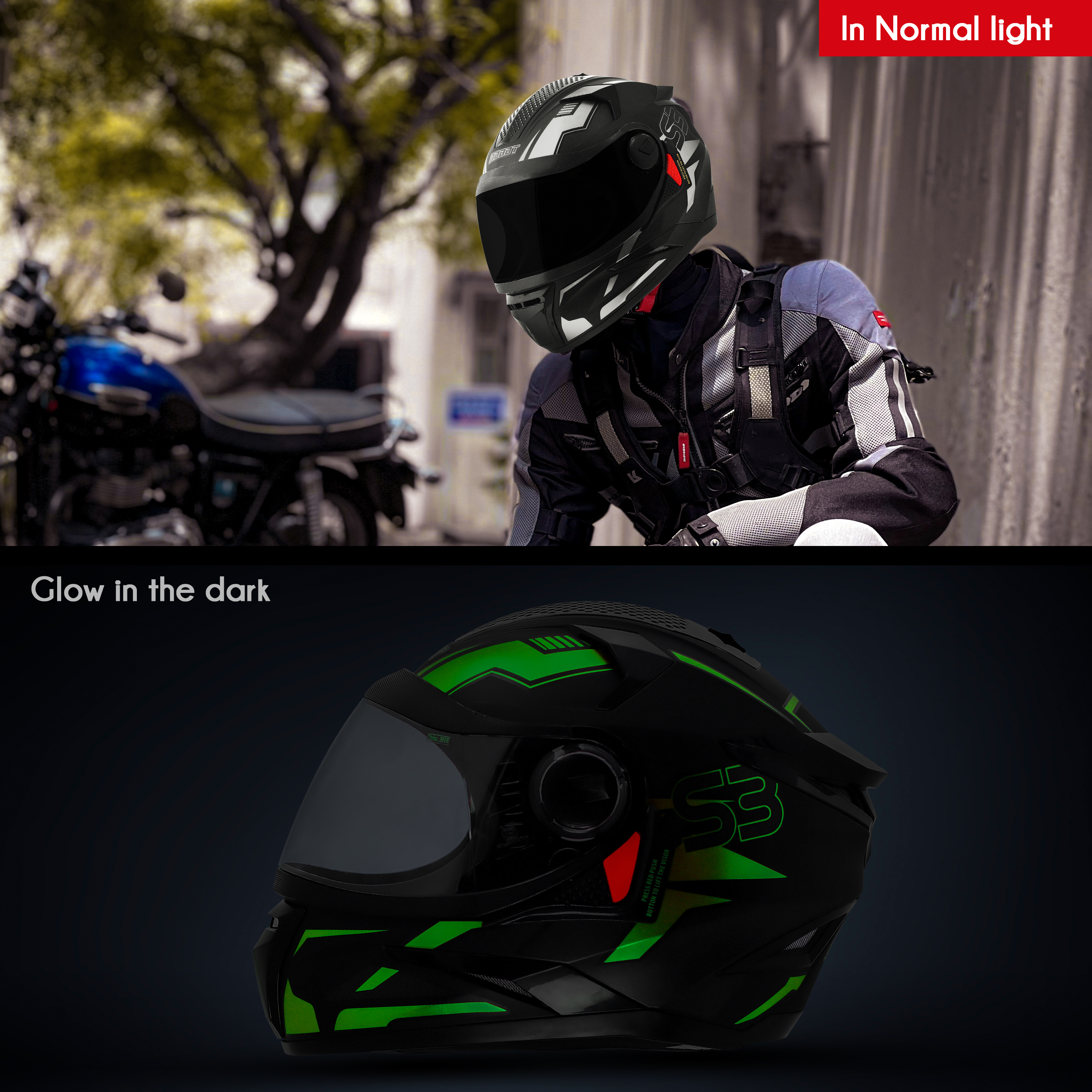 Steelbird SBH-17 Robot Terminator ISI Certified Full Face Glow In Dark Graphic Helmet For Men And Women (Glossy Glow Green With Smoke Visor)