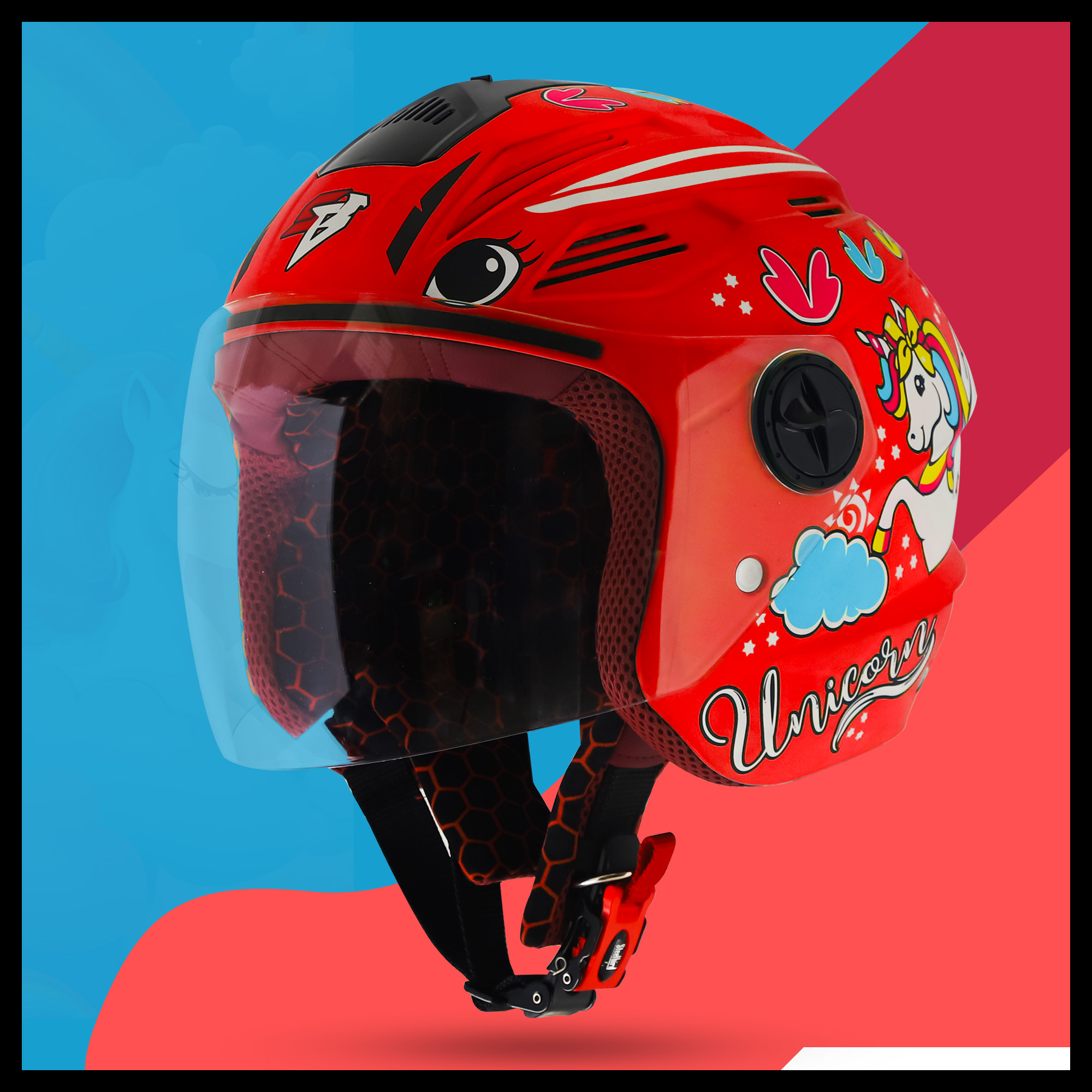 Steelbird SBA-6 Unicorn ISI Certified Open Face Helmet For Men And Women (Glossy Red With Clear Visor)