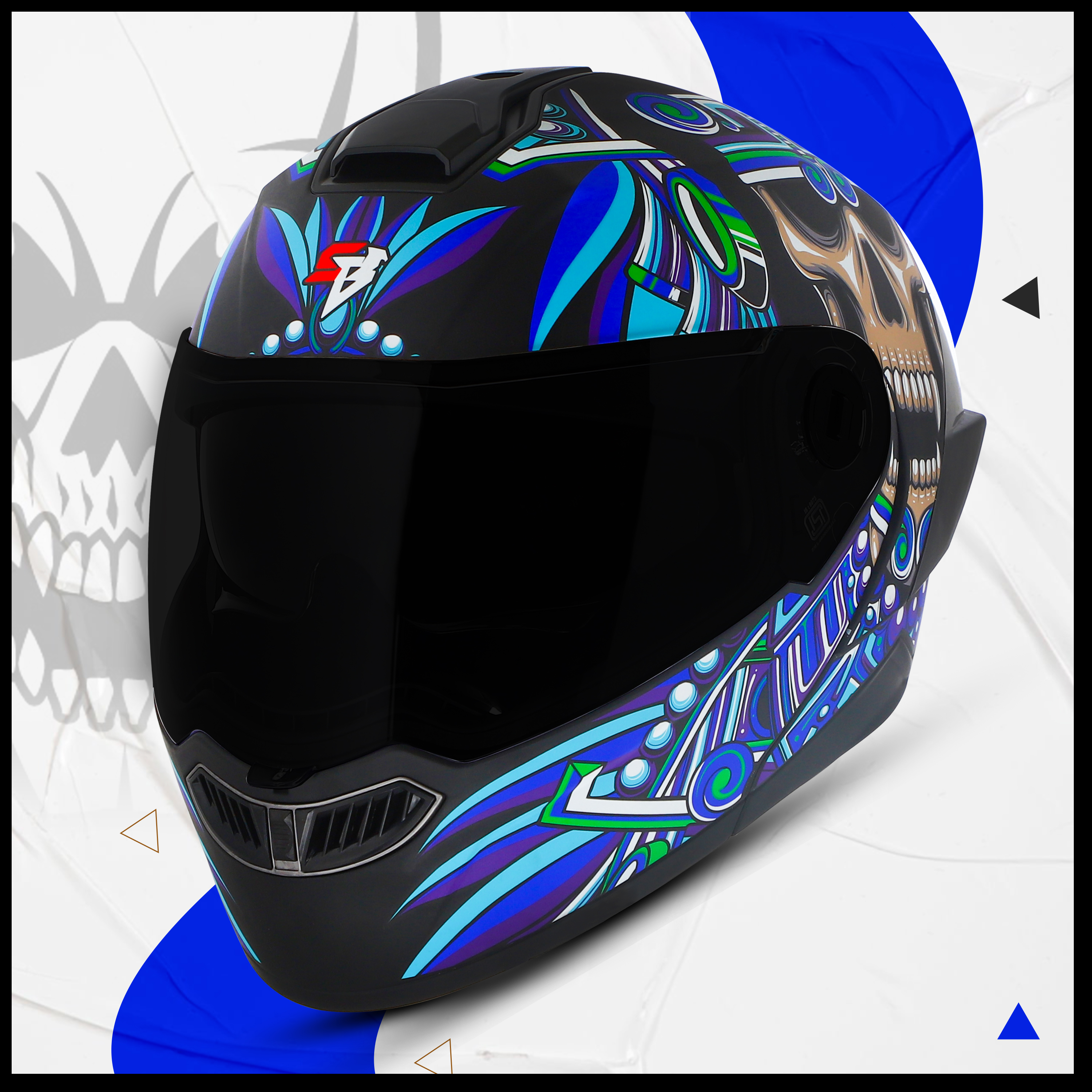 Steelbird SBA-8 Hunt ISI Certified Flip-Up Graphic Helmet For Men And Women (Glossy Black Blue With Black Spoiler And Smoke Visor)