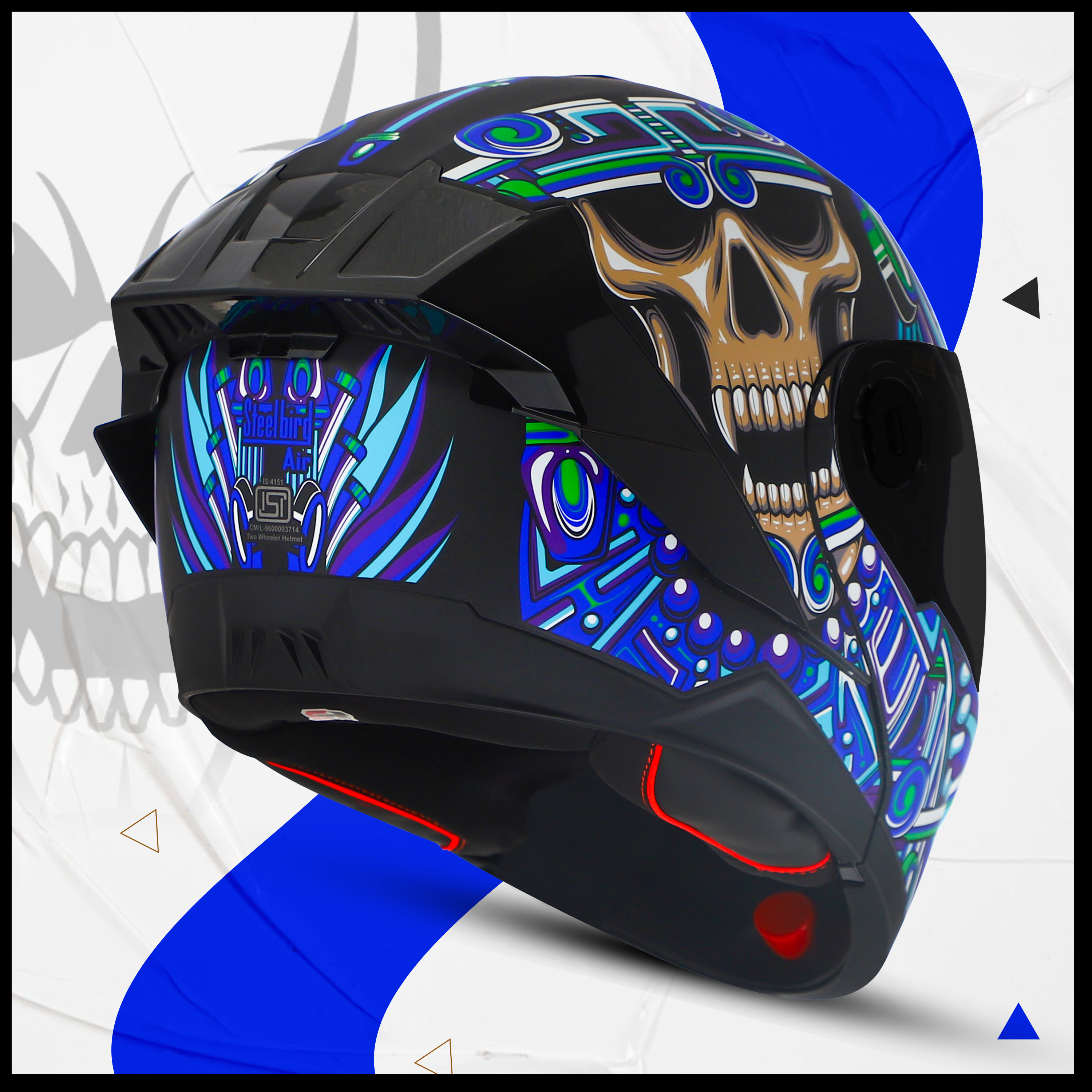 Steelbird SBA-8 Hunt ISI Certified Flip-Up Graphic Helmet For Men And Women (Glossy Black Blue With Black Spoiler And Smoke Visor)