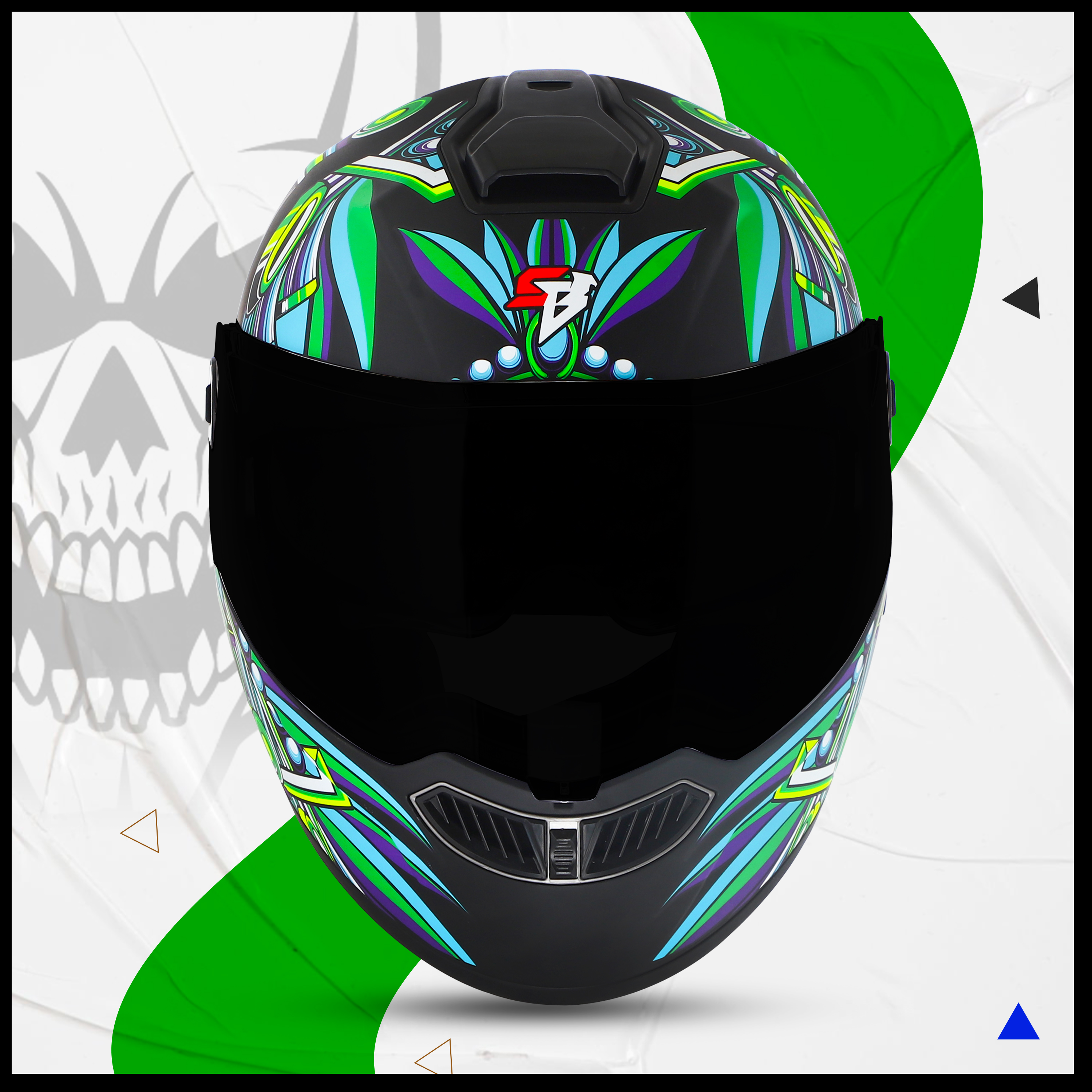 Steelbird SBA-8 Hunt ISI Certified Flip-Up Graphic Helmet For Men And Women (Glossy Black Green With Black Spoiler And Smoke Visor)