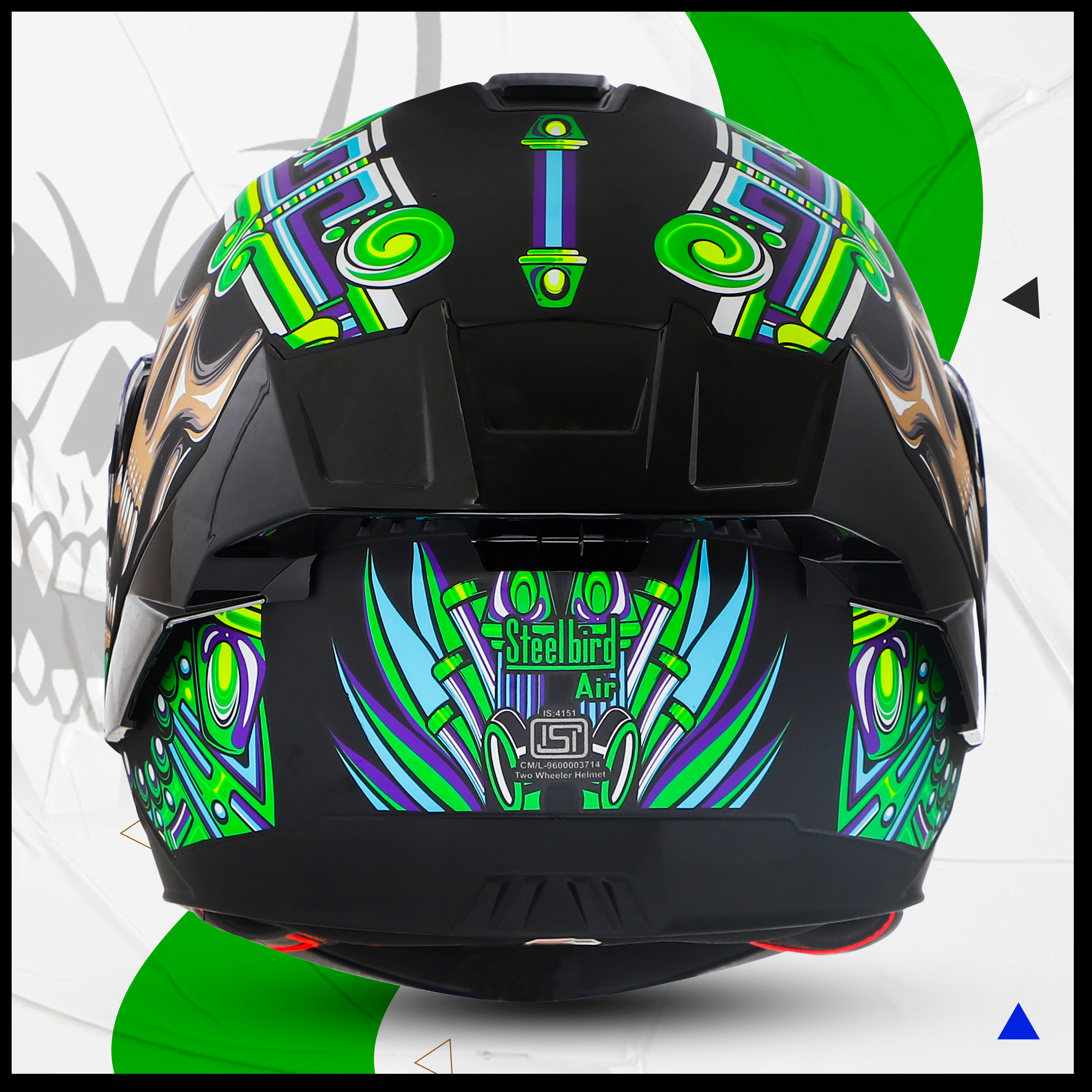 Steelbird SBA-8 Hunt ISI Certified Flip-Up Graphic Helmet For Men And Women (Glossy Black Green With Black Spoiler And Smoke Visor)