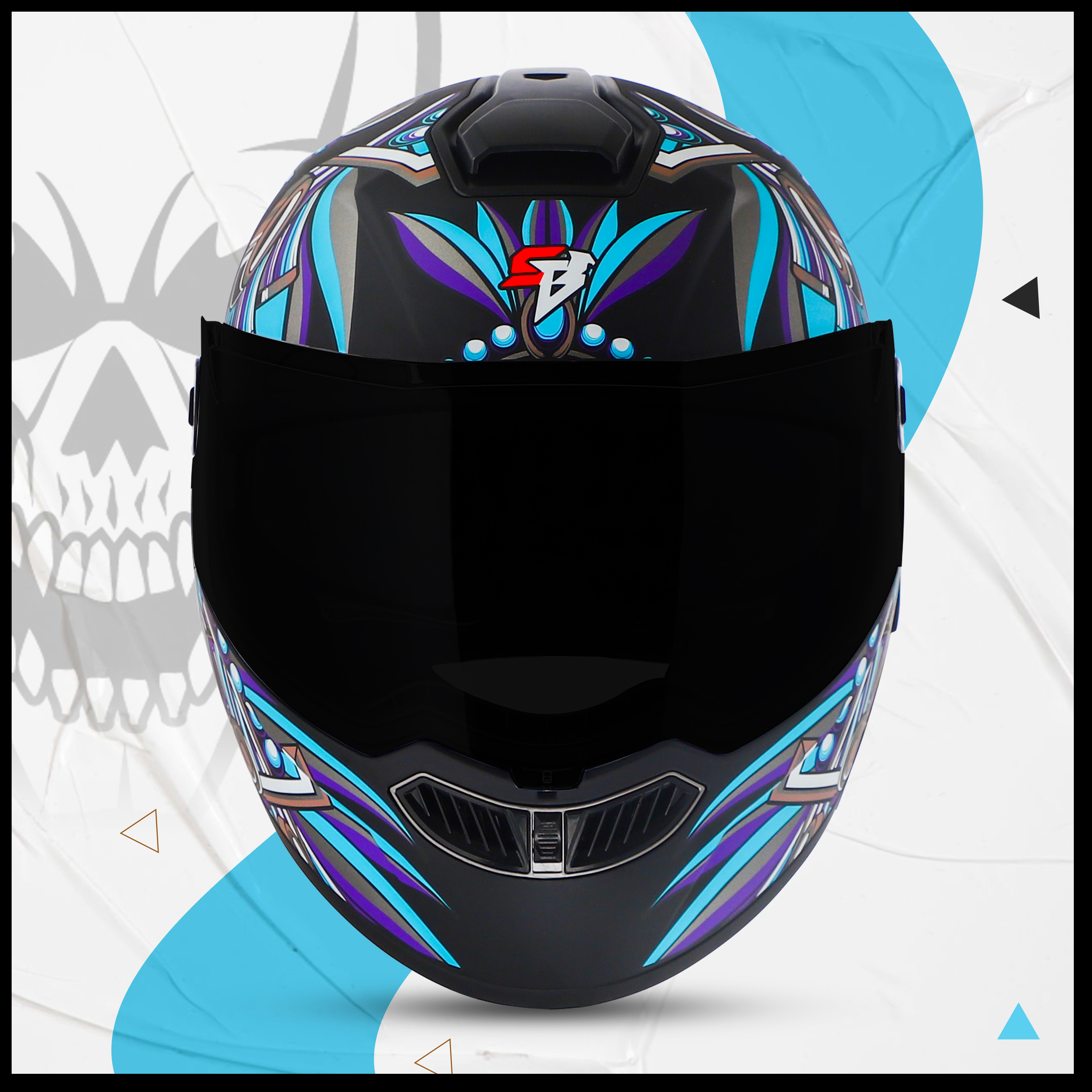 Steelbird SBA-8 Hunt ISI Certified Flip-Up Graphic Helmet For Men And Women (Glossy Black Jazz Blue With Black Spoiler And Smoke Visor)