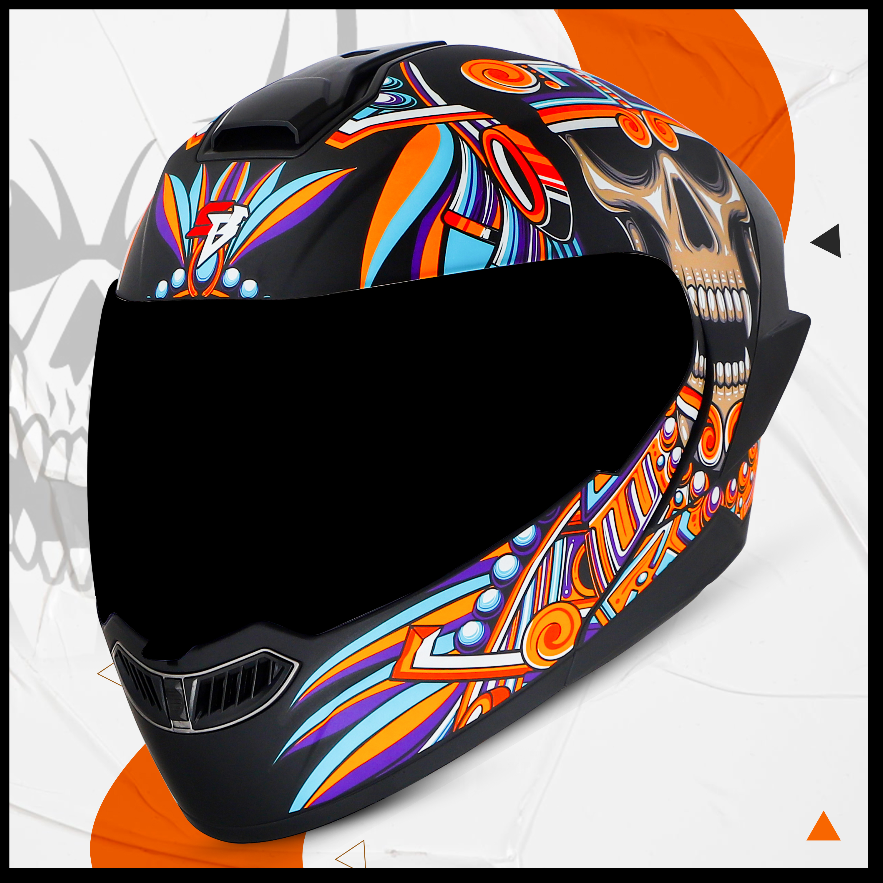 Steelbird SBA-8 Hunt ISI Certified Flip-Up Graphic Helmet For Men And Women (Glossy Black Orange With Black Spoiler And Smoke Visor)