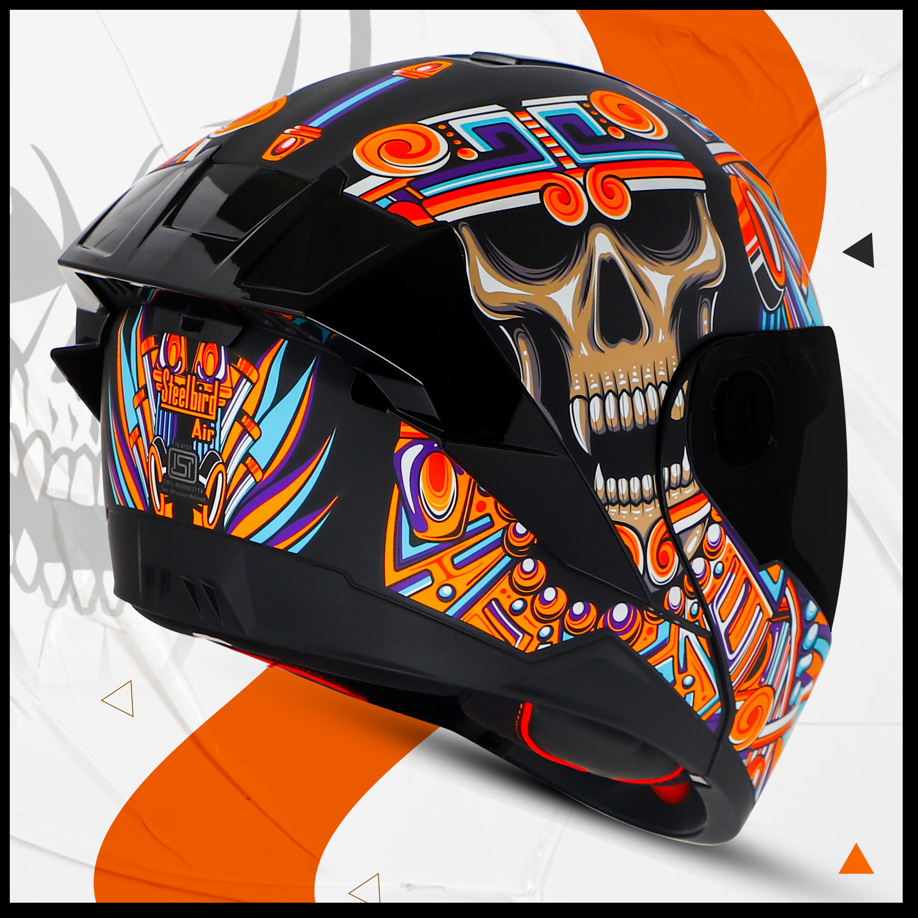 Steelbird SBA-8 Hunt ISI Certified Flip-Up Graphic Helmet For Men And Women (Glossy Black Orange With Black Spoiler And Smoke Visor)
