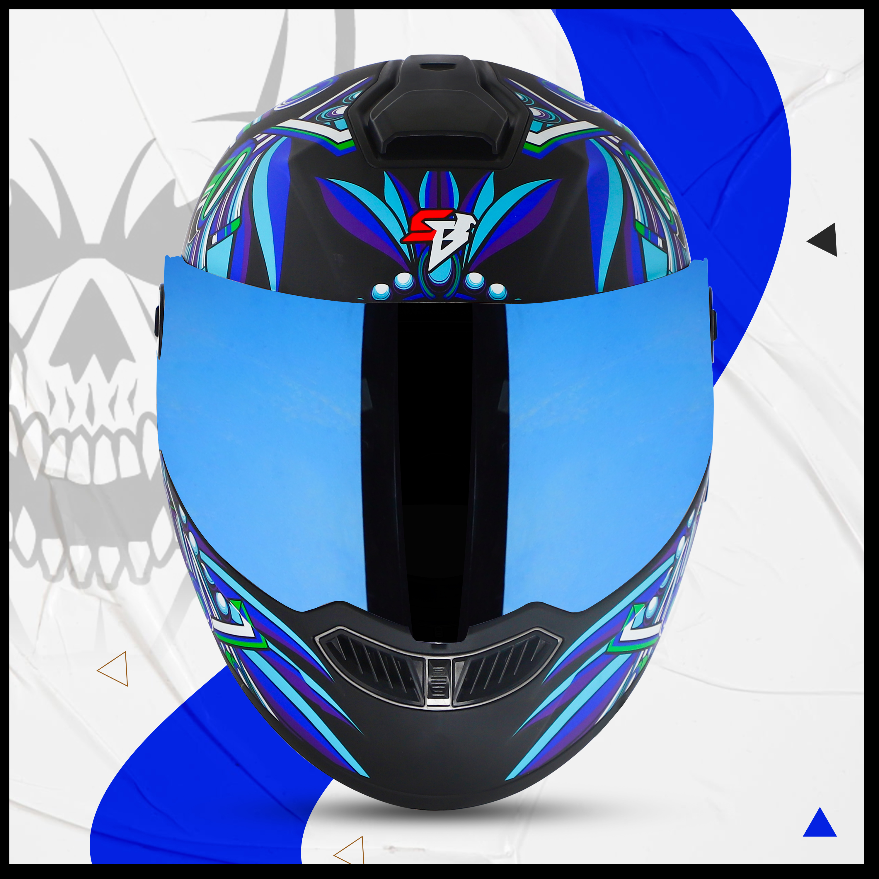 Steelbird SBA-8 Hunt ISI Certified Flip-Up Graphic Helmet For Men And Women (Glossy Black Blue With Blue Spoiler And Chrome Blue Visor)
