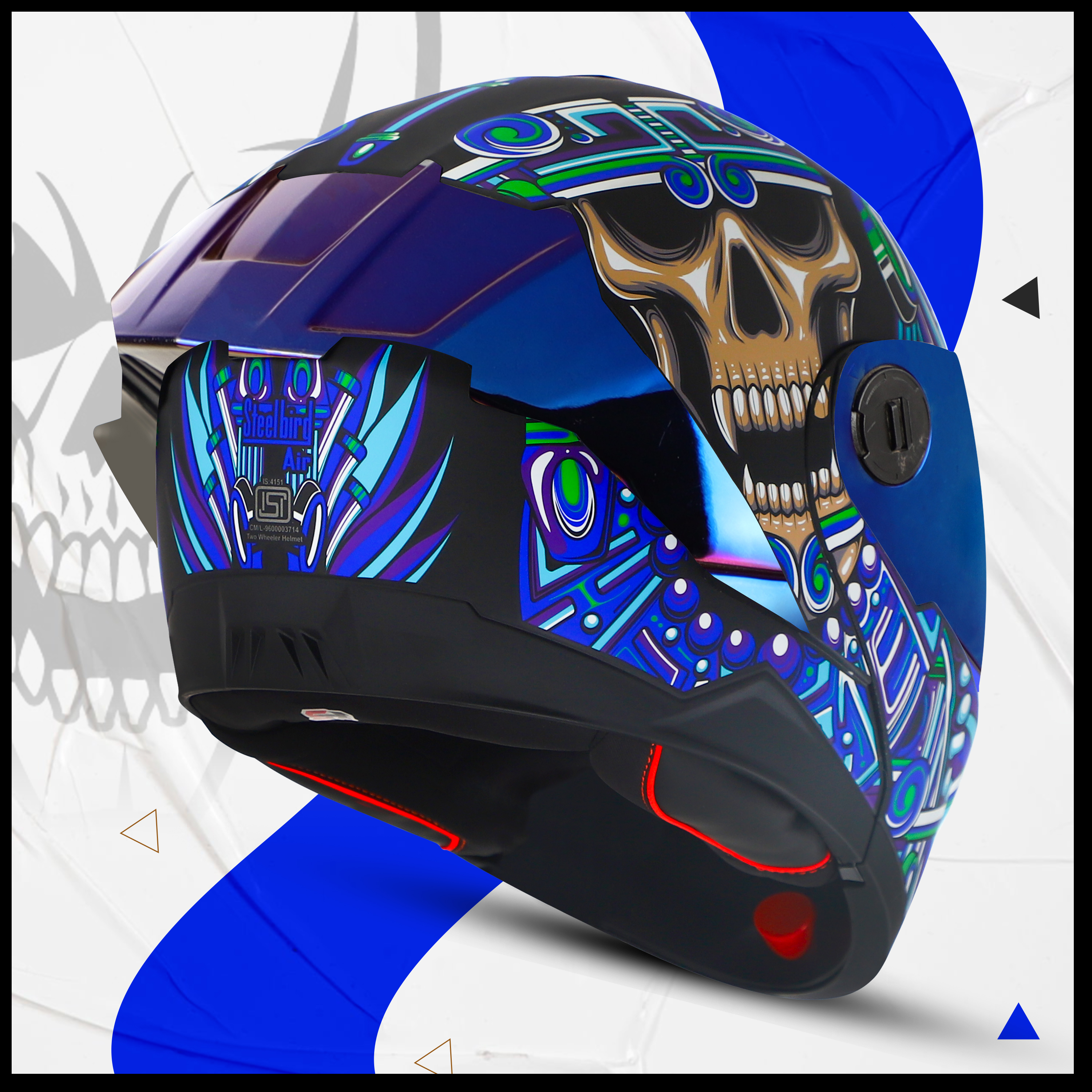 Steelbird SBA-8 Hunt ISI Certified Flip-Up Graphic Helmet For Men And Women (Glossy Black Blue With Blue Spoiler And Chrome Blue Visor)